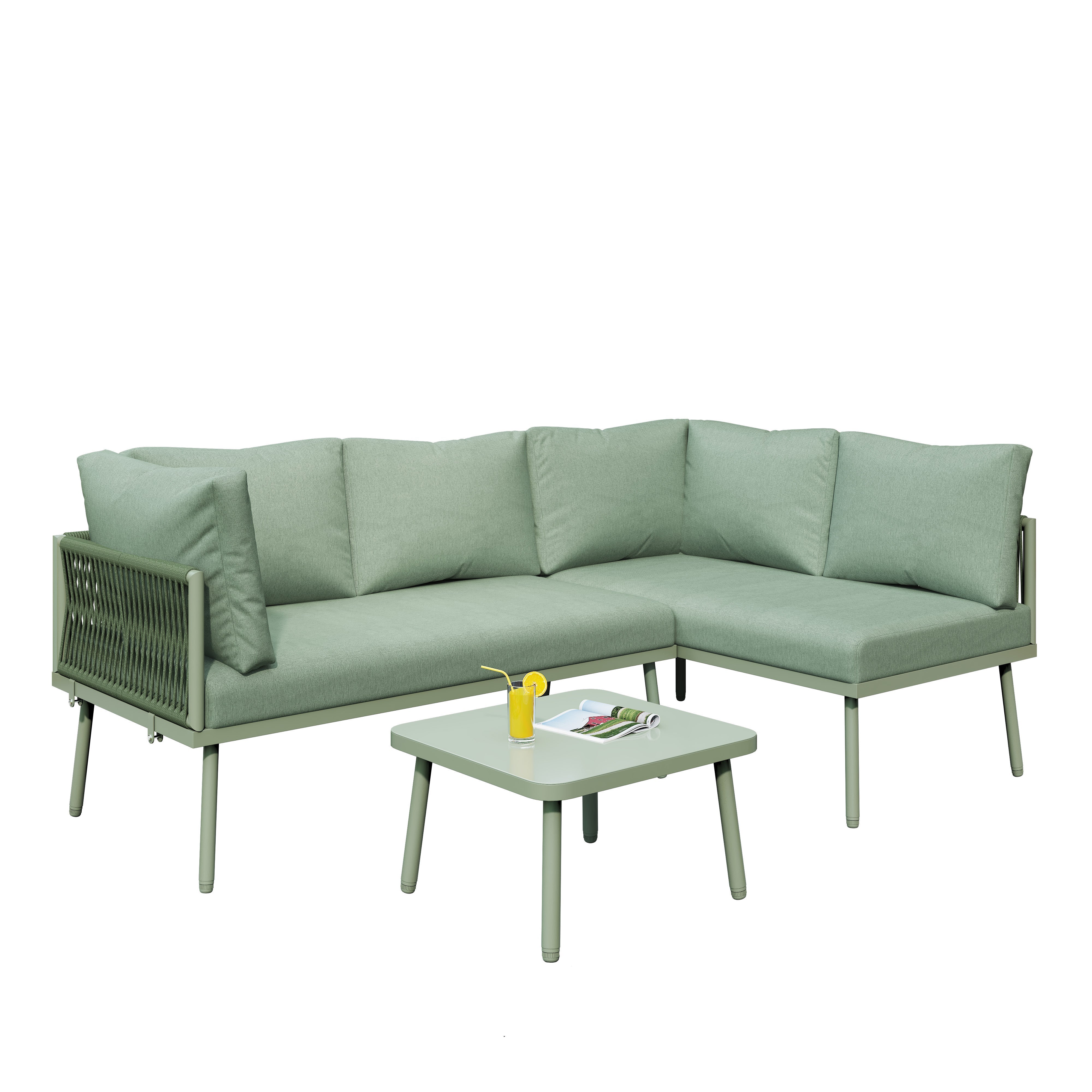 Outdoor Patio Furniture Garden Lounge Set 4-5 Person L-Shaped Corner Sofa Glass Coffee Table Green