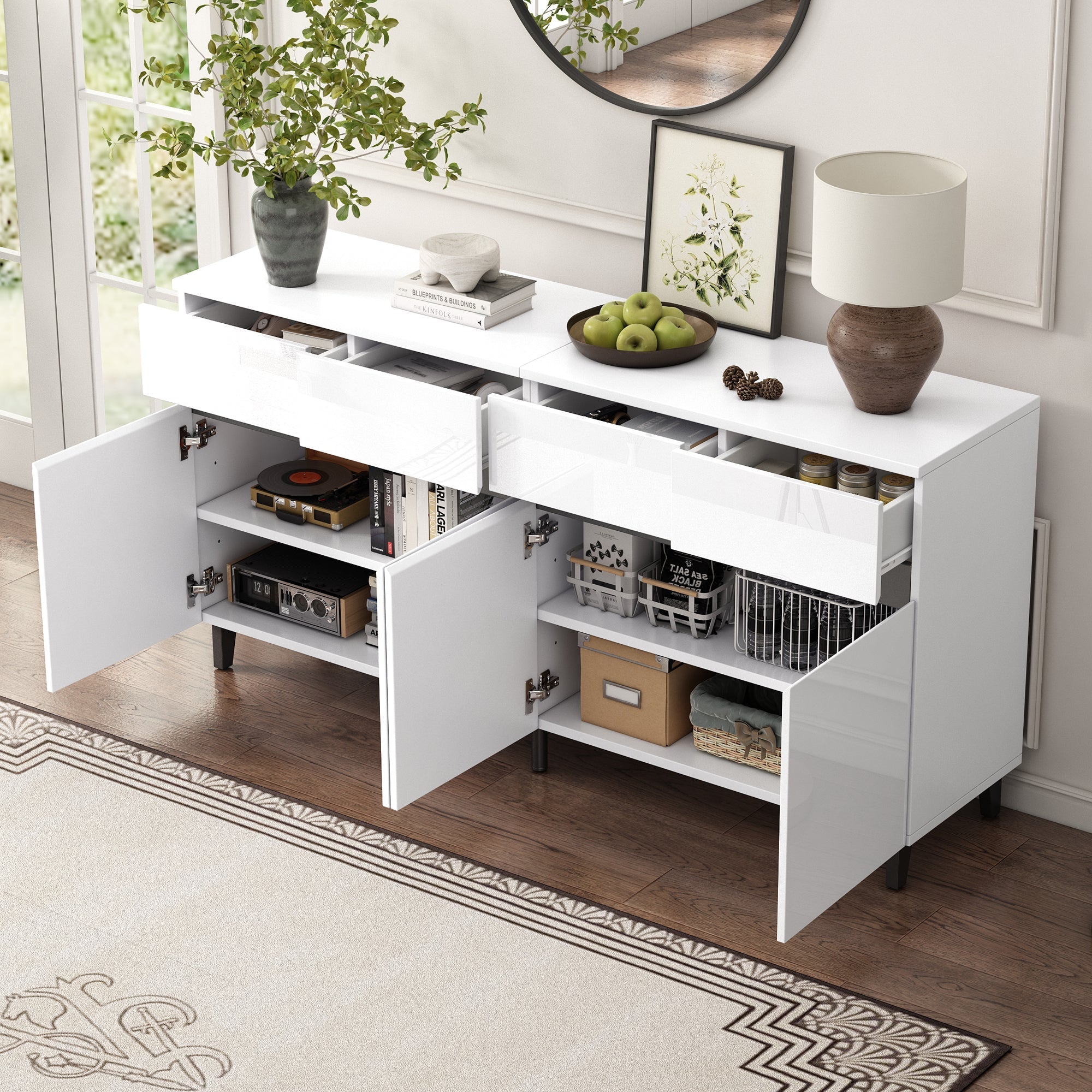 High-Gloss Sideboard 4 Drawers 2 Doors Adjustable Shelves