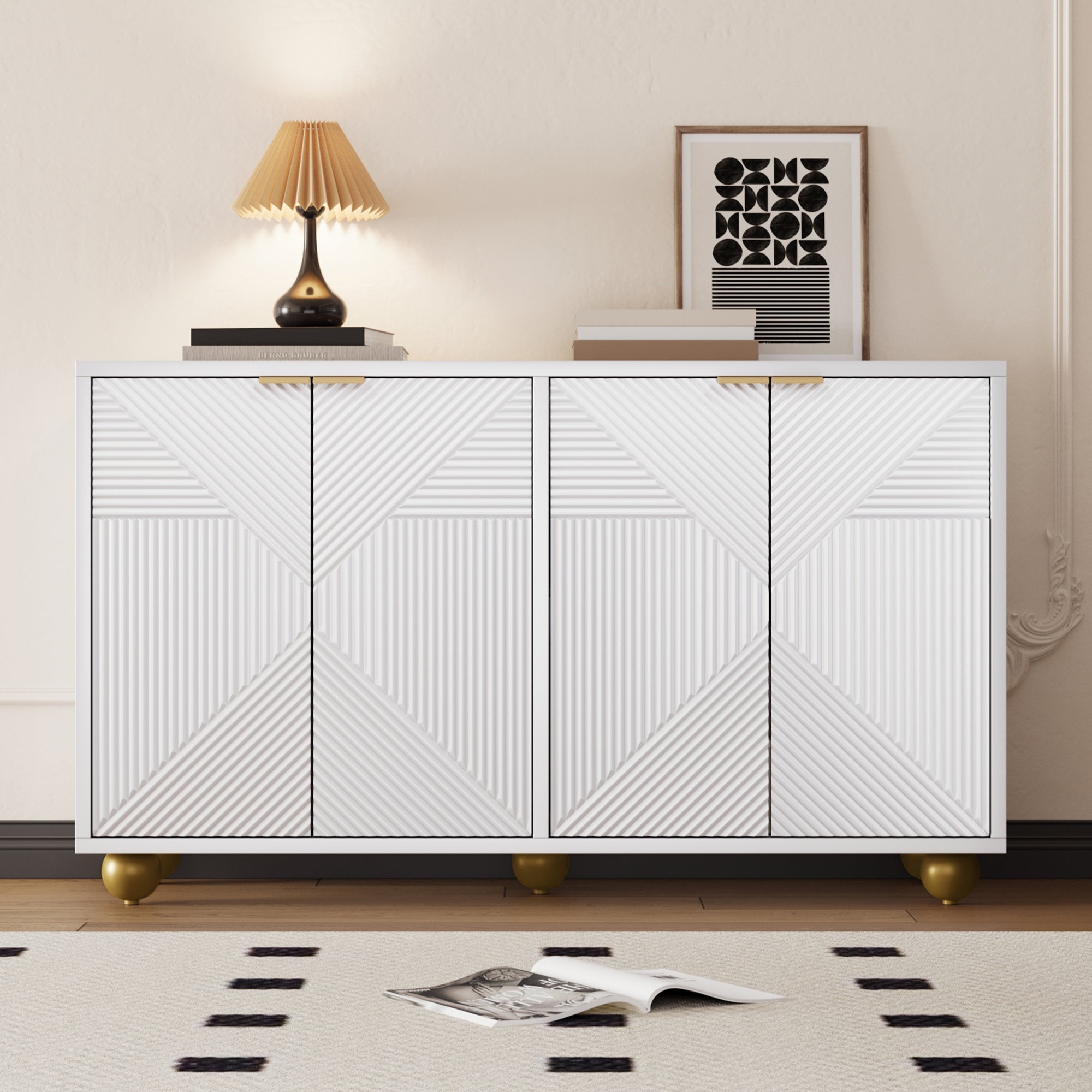 Sideboard with Four Molded Doors and Adjustable Shelves, Wood and Metal
