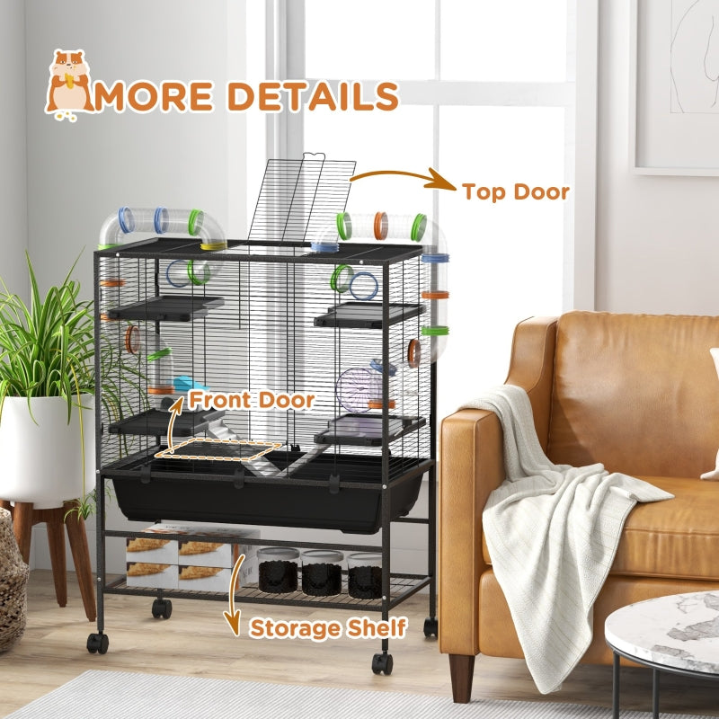 Large Hamster Cage, Gerbil Cage with Tubes, Shelf, Ramps, Platforms, Running Wheel - Black