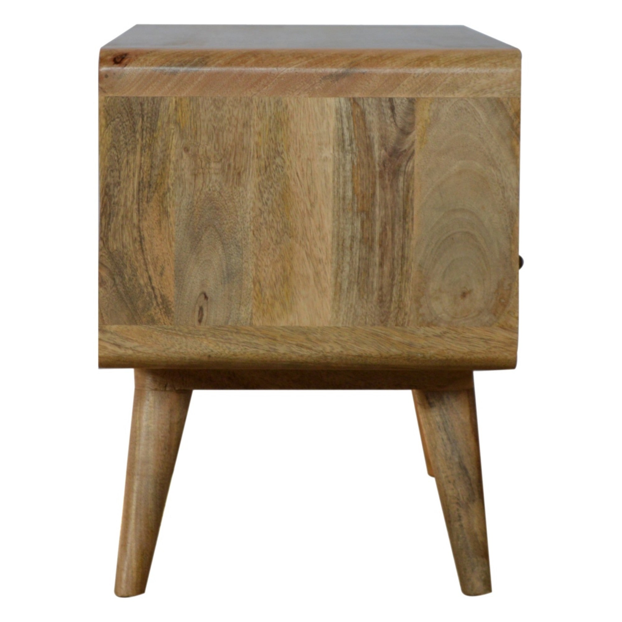 Solid Wood Curved Media Unit with 2 Drawers and Open Slot, Brown Oak-ish