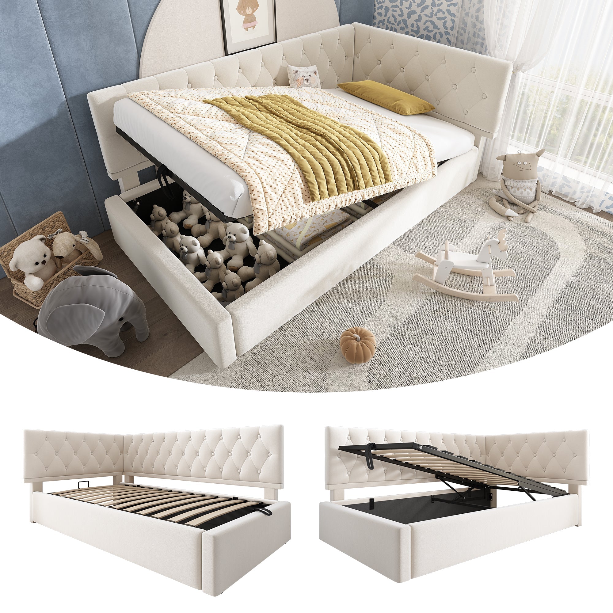 Daybed with Storage, 3FT Single Sofa Bed with Hydraulic Ottoman, Metal Slatted Frame, Velvet Beige