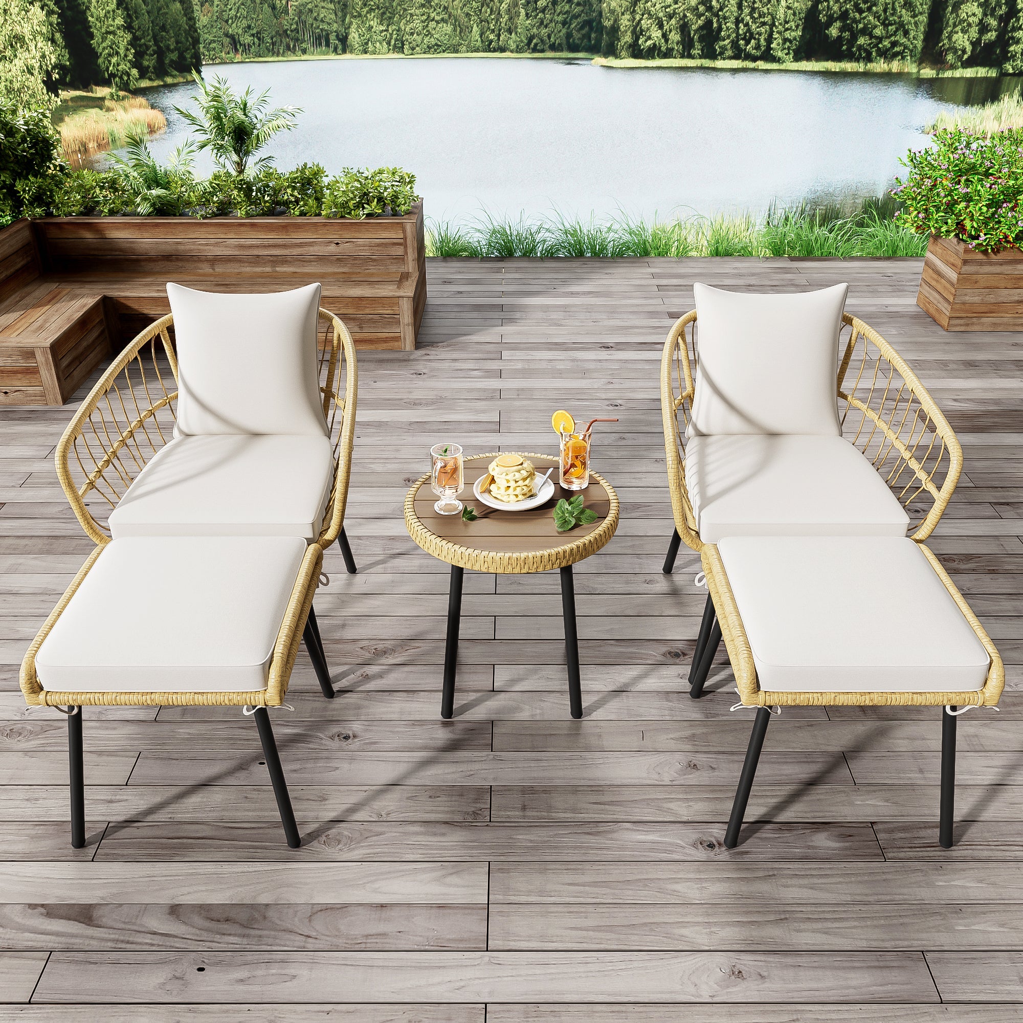 5-Piece Garden Lounge Set 1 Table 2 Chairs 2 Stools - Rattan Natural
