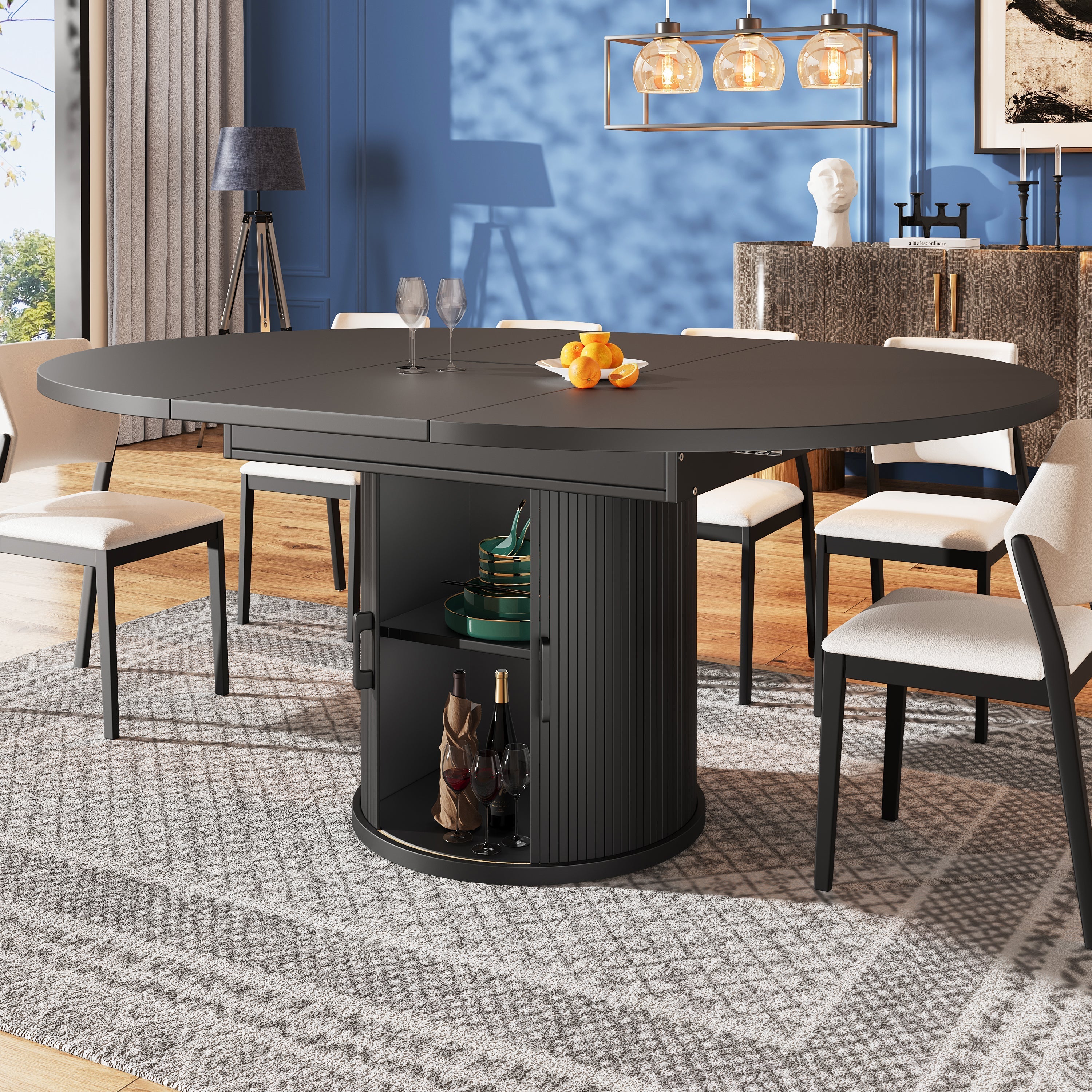 Extendable Dining Table Round to Oval, 118–158 cm, 6 Seater, Walnut/Black