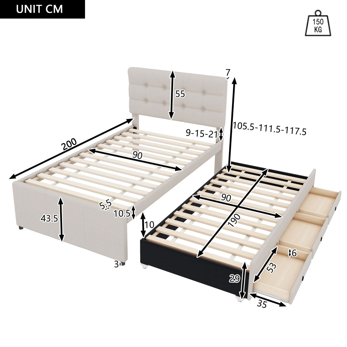 Upholstered Bed 90x200cm with 3 Drawers, Pull-out Trundle Bed, Adjustable Headboard, Beige
