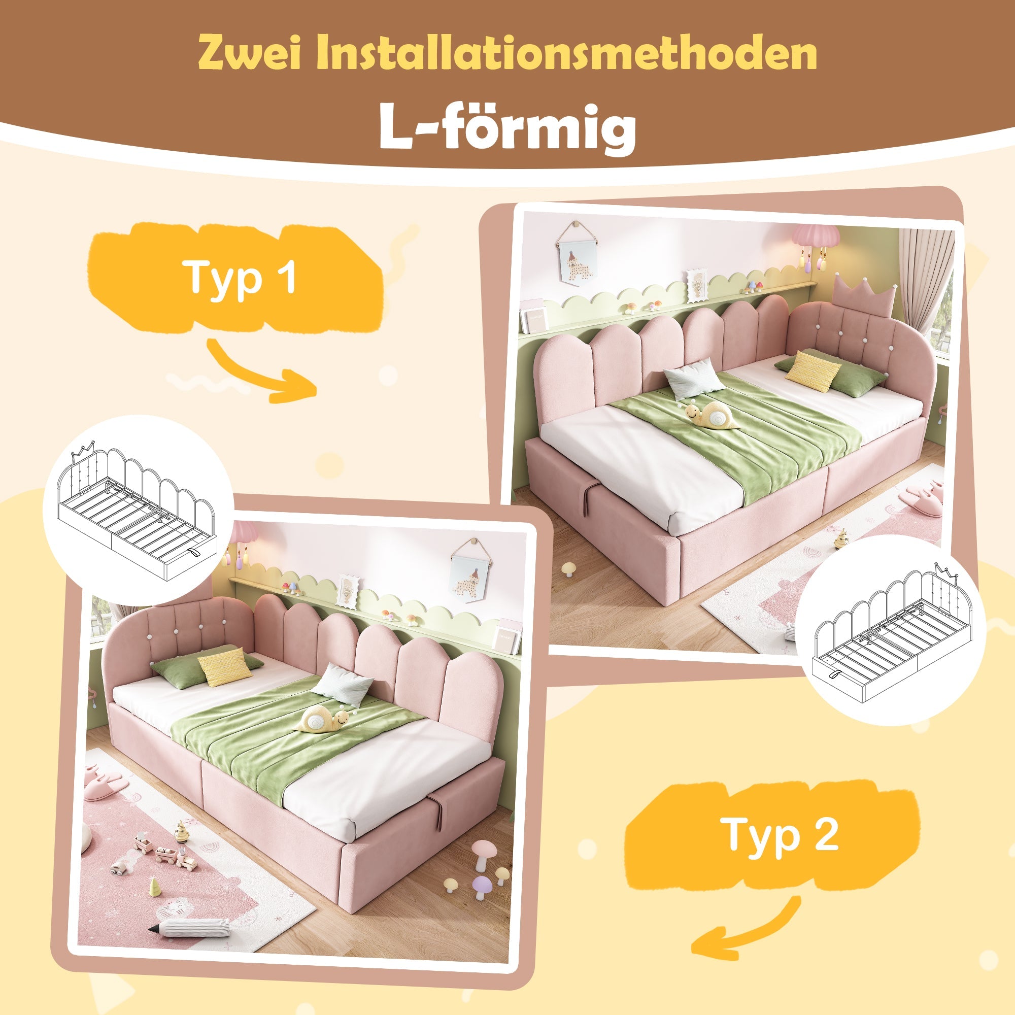 Upholstered Daybed with Hydraulic Storage and Crown-Lattice Design, 90x200cm, Pink Velvet
