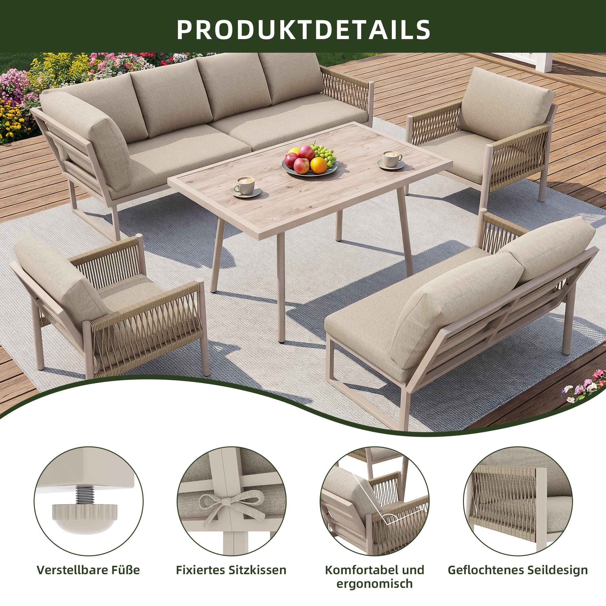 Garden Lounge Seating Group, L-Shaped Sofa with Table and 2 Armchairs, Beige