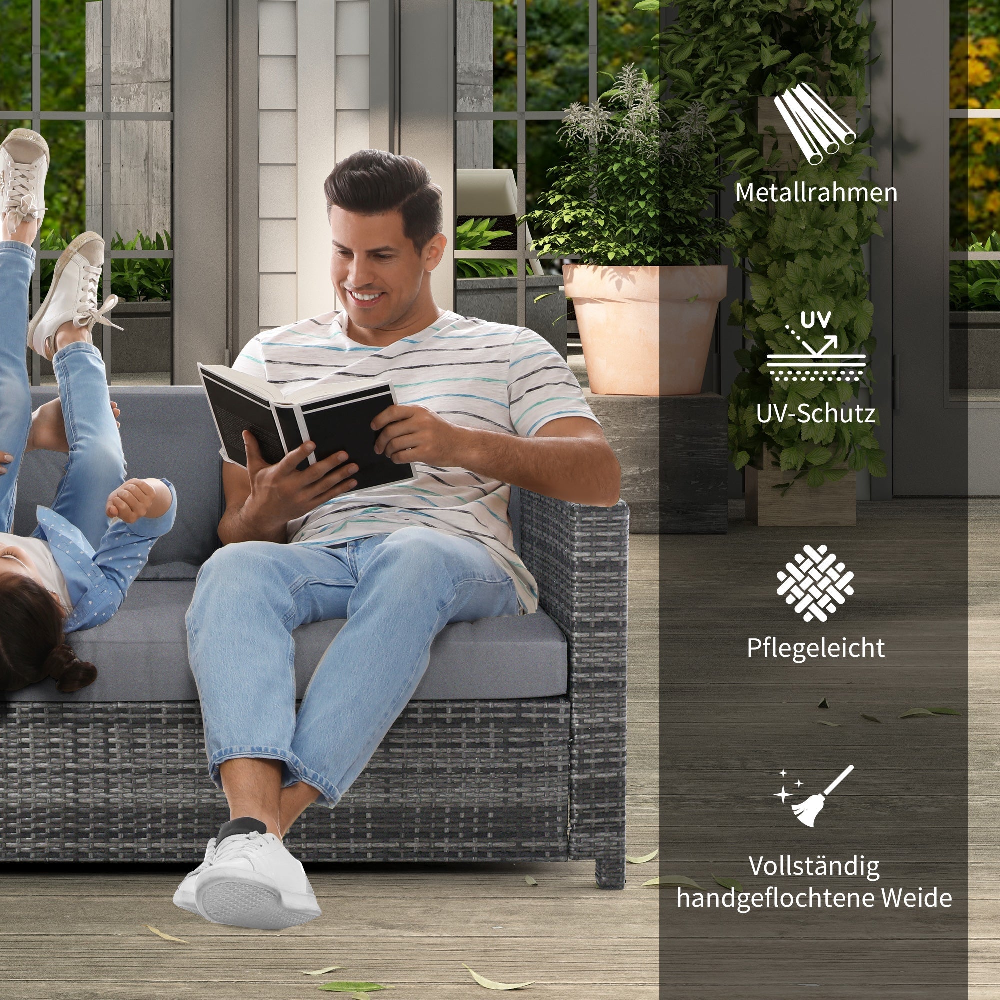 Poly Rattan Garden Lounge Sofa, 3-Seater with Cushions, Grey Metal & Polyester