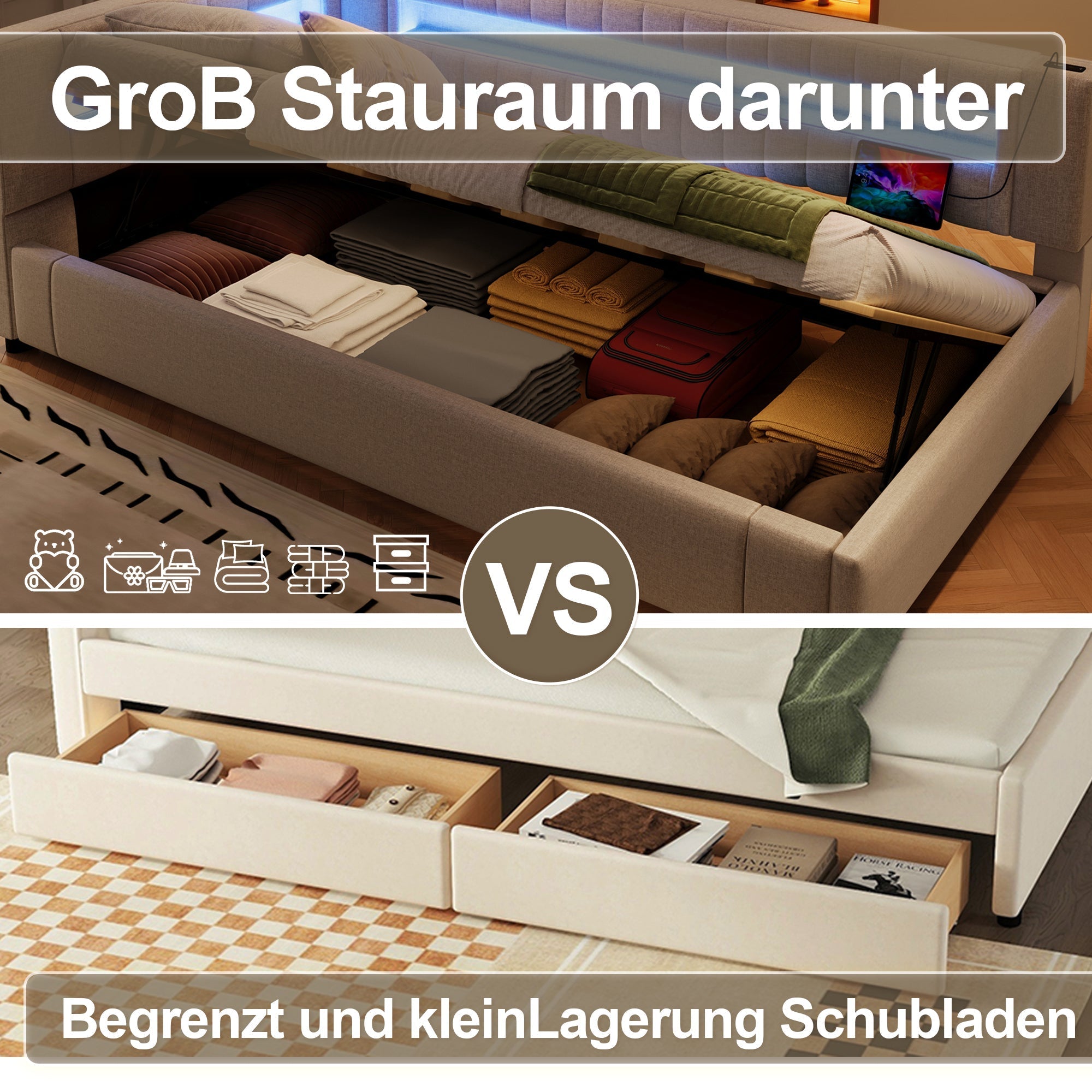 Daybed Sofa Bed 90x200cm Hydraulic Storage LED USB/Type-C - Linen Beige