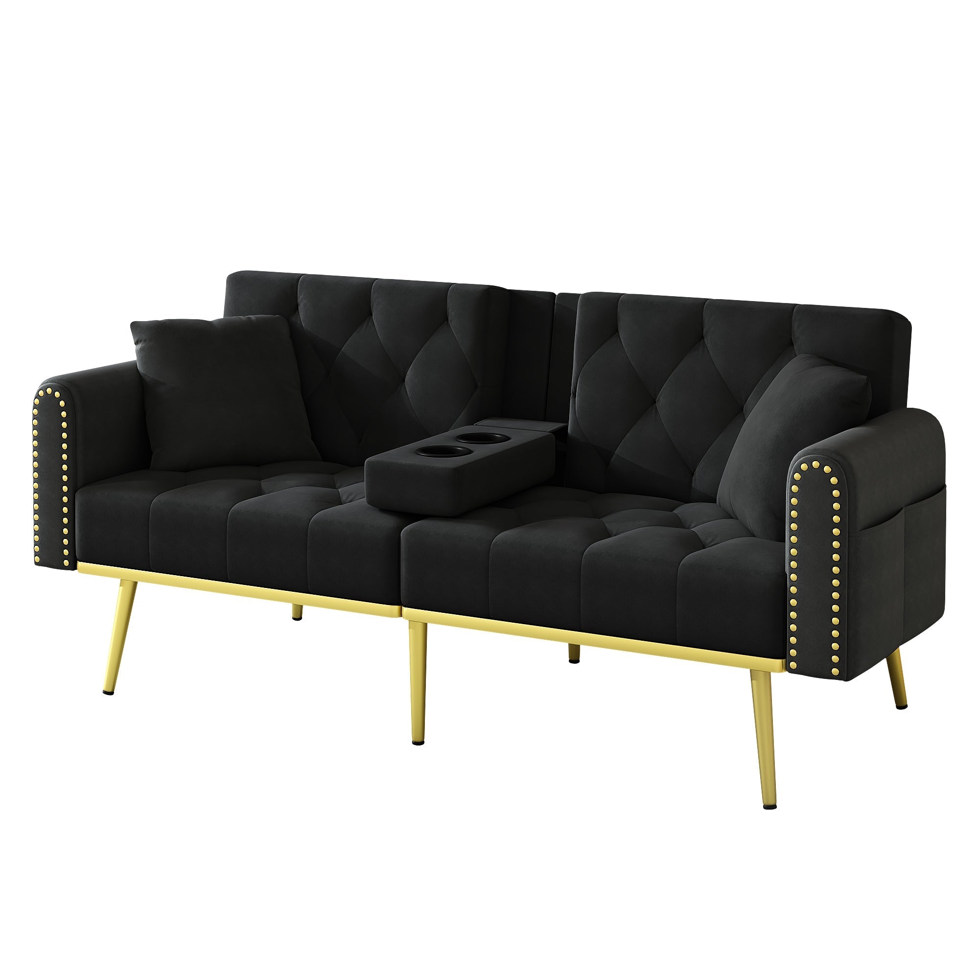 Double Sofa Bed Reclining 3 Angles Cup Holders - Fabric Black