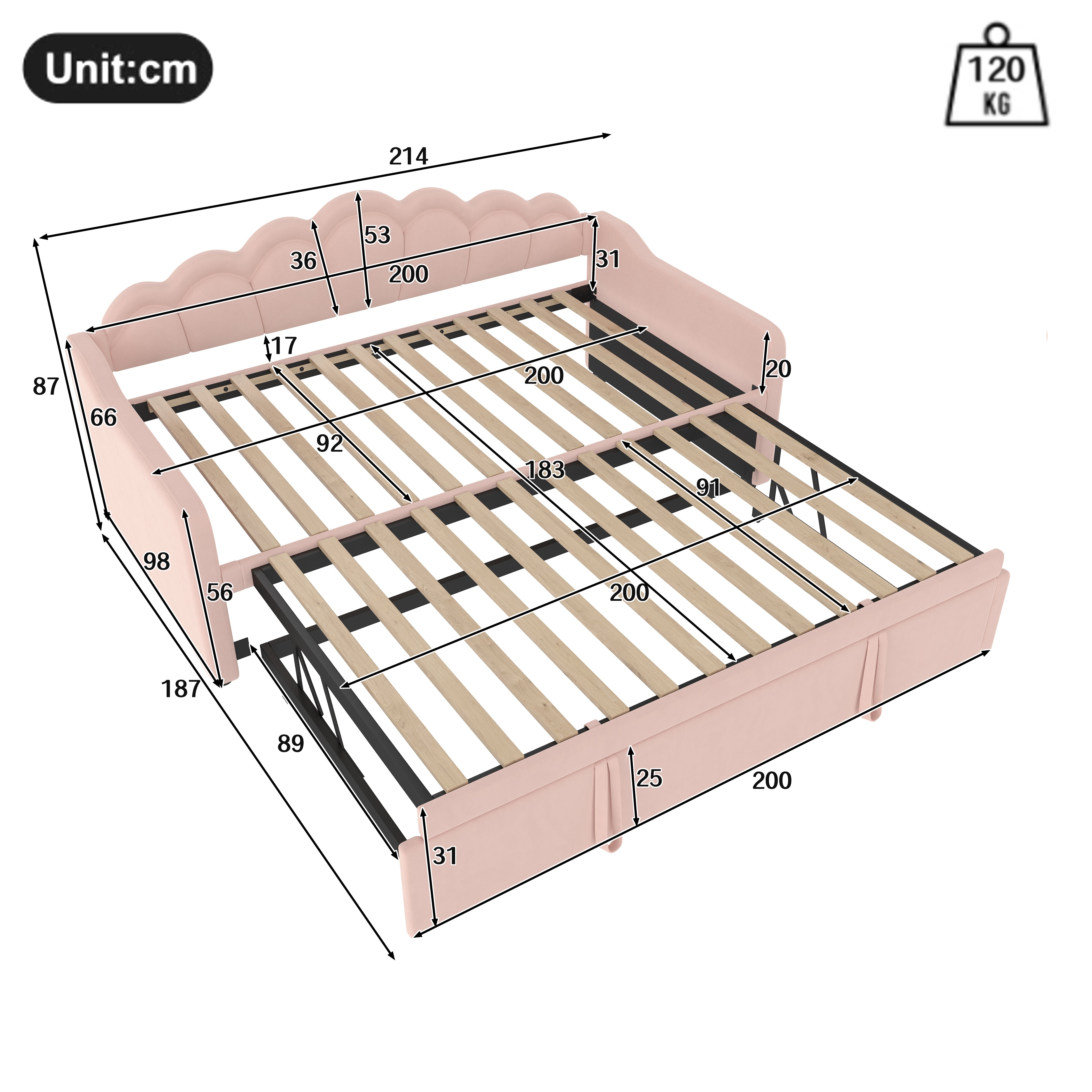 Daybed Sofa Bed Pull-out Bed LED Strip 90/180x200cm - Velvet Pink