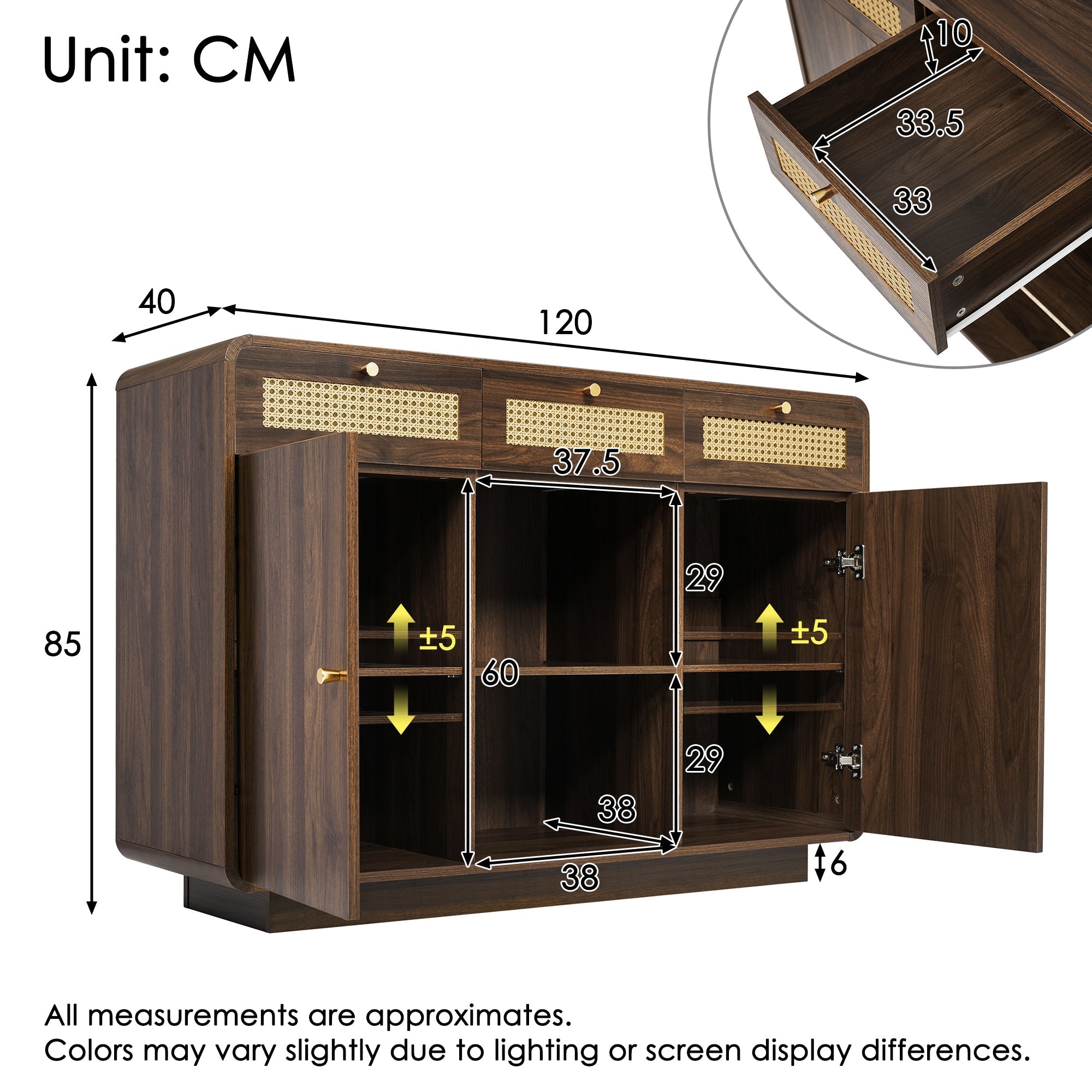 Chest of drawers/sideboard, 3 Drawers 2 Cabinets Rattan Gold Handles, 120cm Walnut