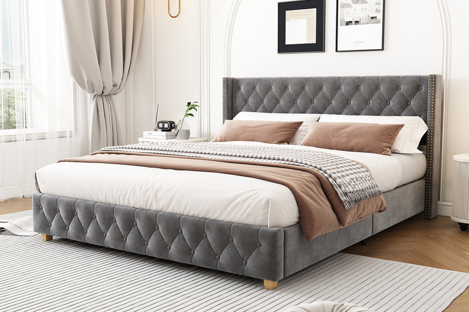 Lit rembourré 140x190cm Tête de lit Sommier à lattes Boutons Rivets Pieds en bois Velours gris