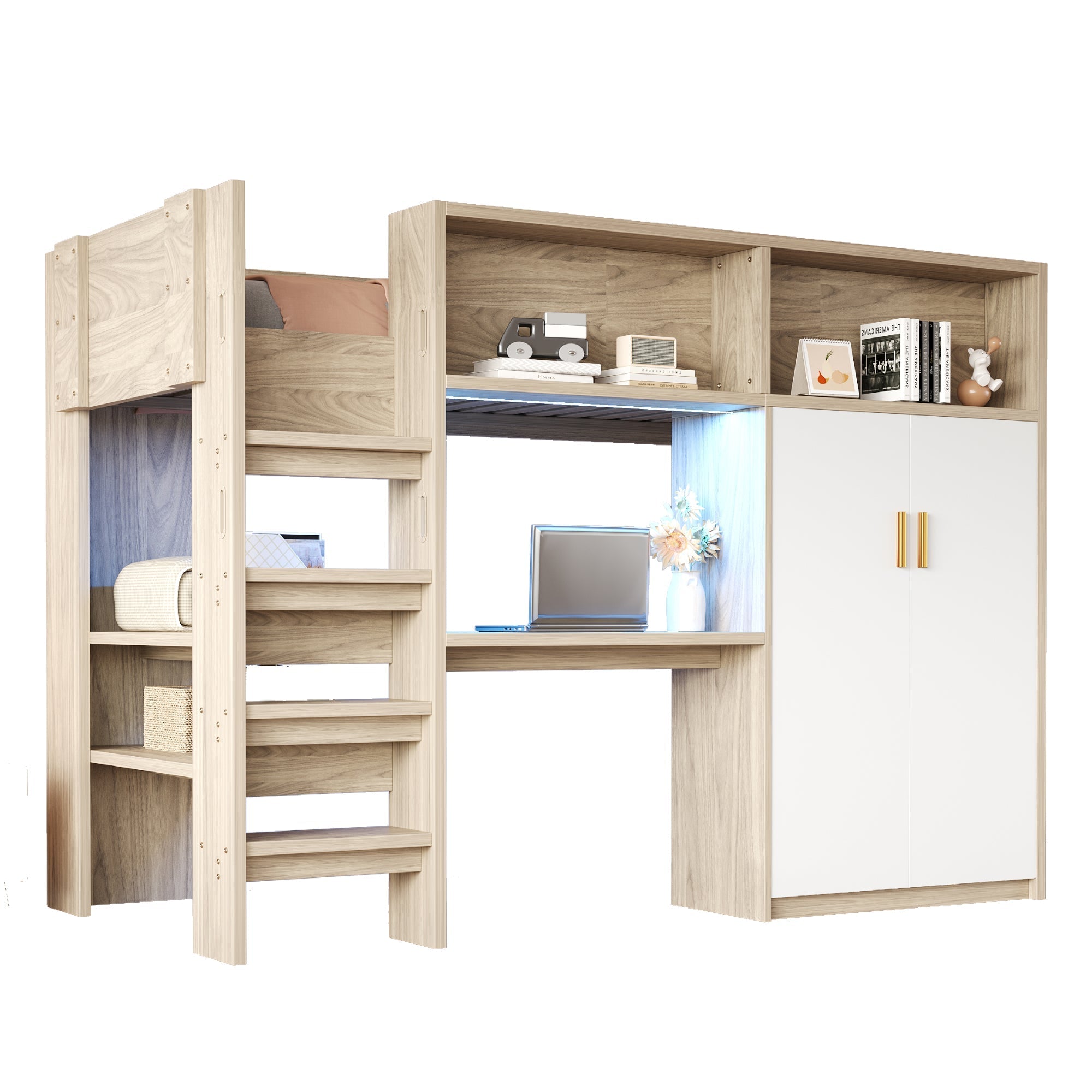 Multifunctional Loft Bed with Desk, Wardrobe, Shelf and LED Lighting, Wood Color