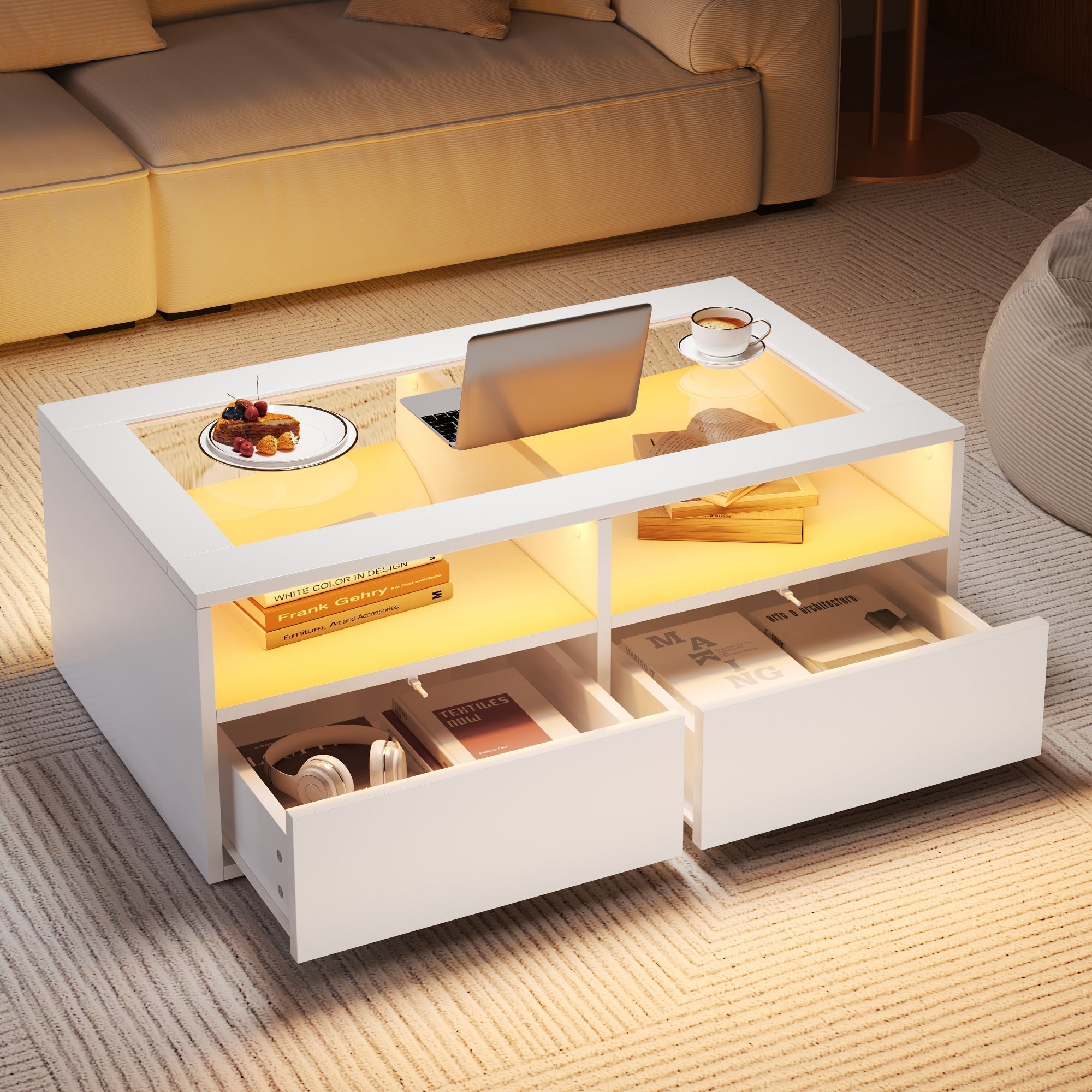 Coffee Table with LED Light and 2 Drawers, Glass and White