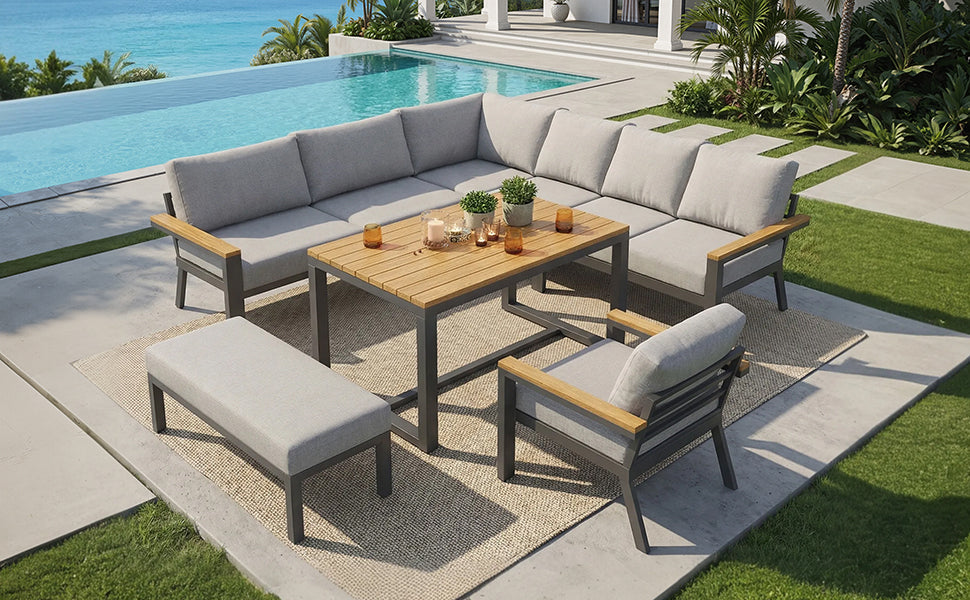 L-Shaped Garden Sofa Set 8-Person Iron Frame Wood Table - Grey Cushions