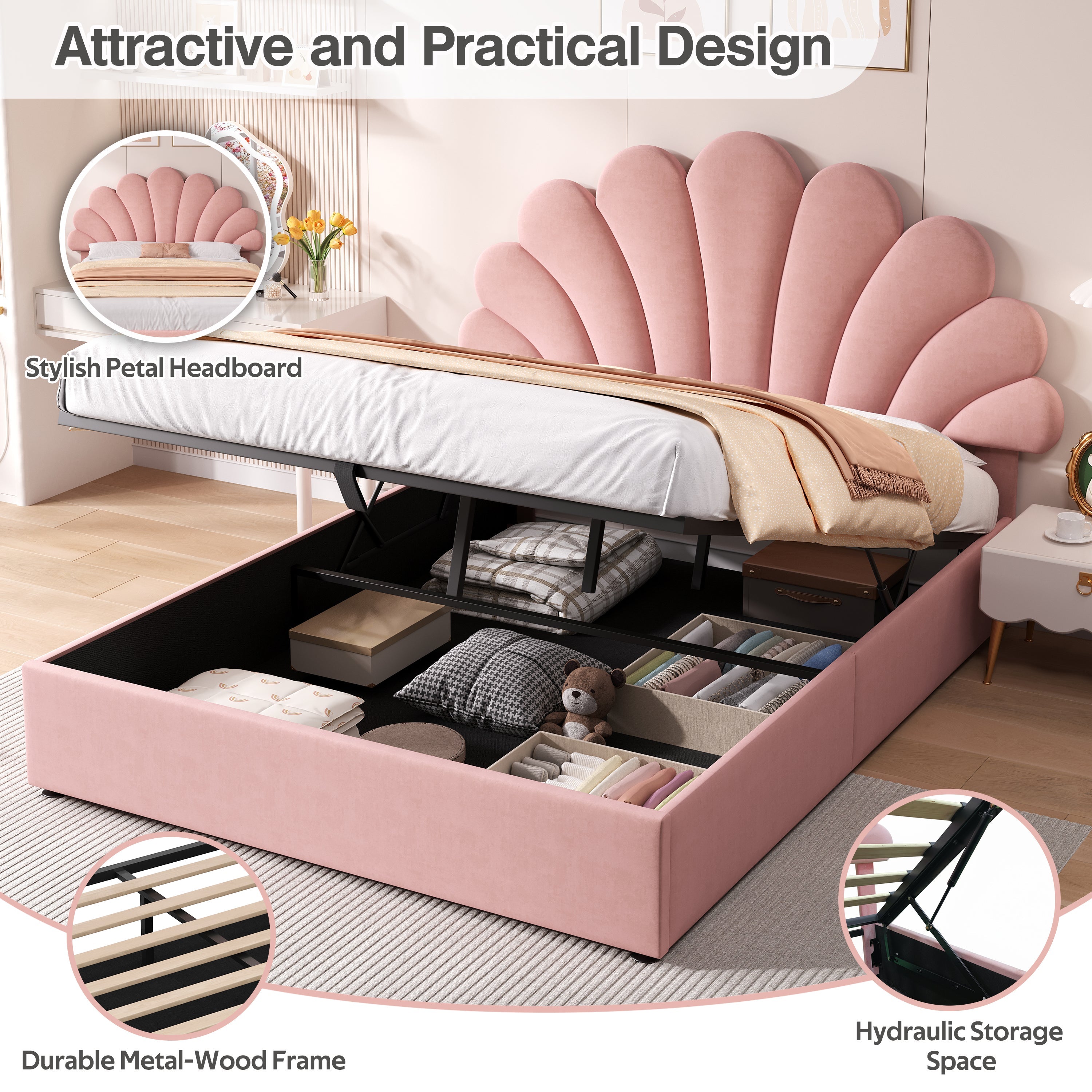 4ft6 Double Upholstered Hydraulic Bed with Adjustable Petal Headboard, Solid Wood Slat, Pink Velvet