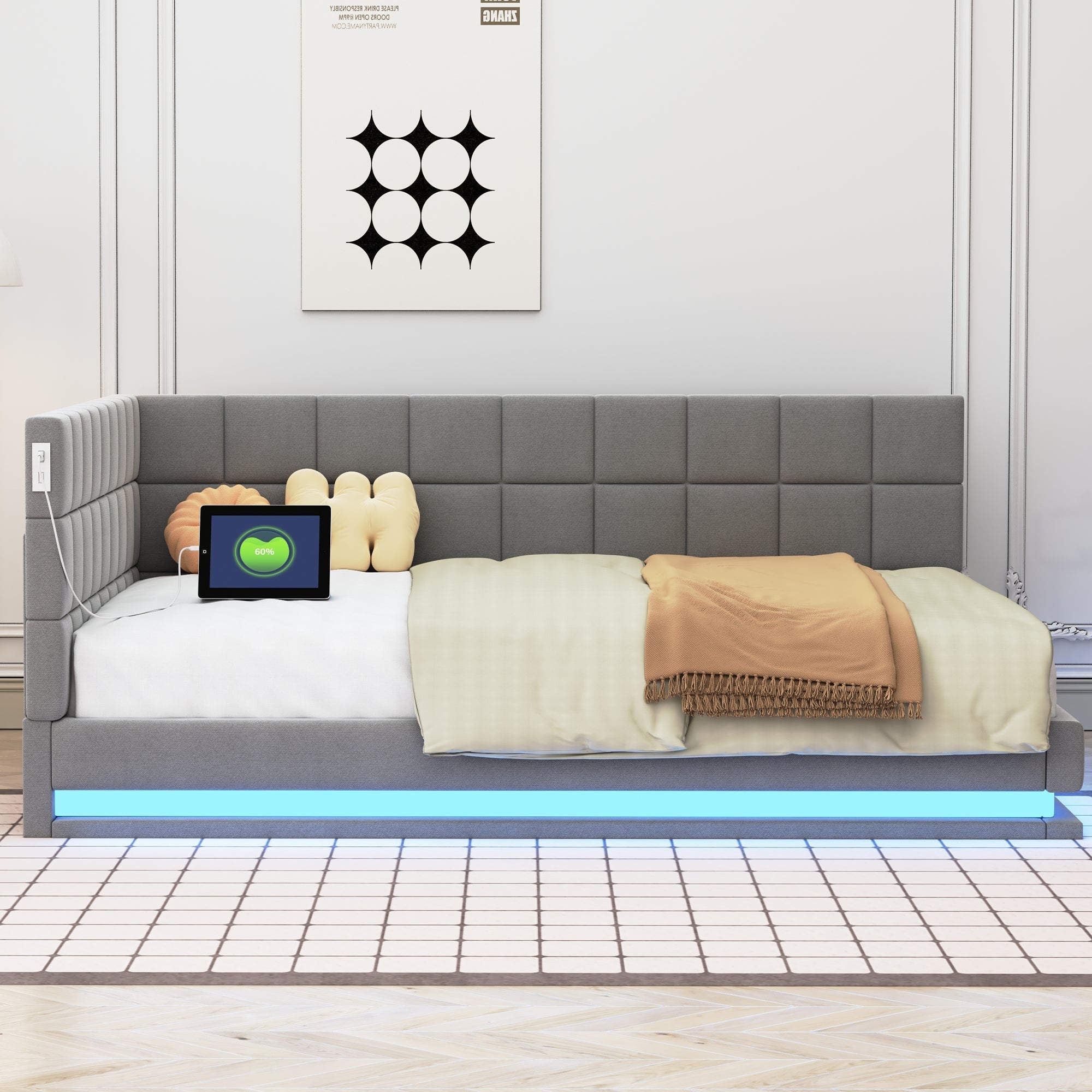 Upholstered Sofa Bed, 140x200 Multifunctional with LED & USB, Gray Velvet