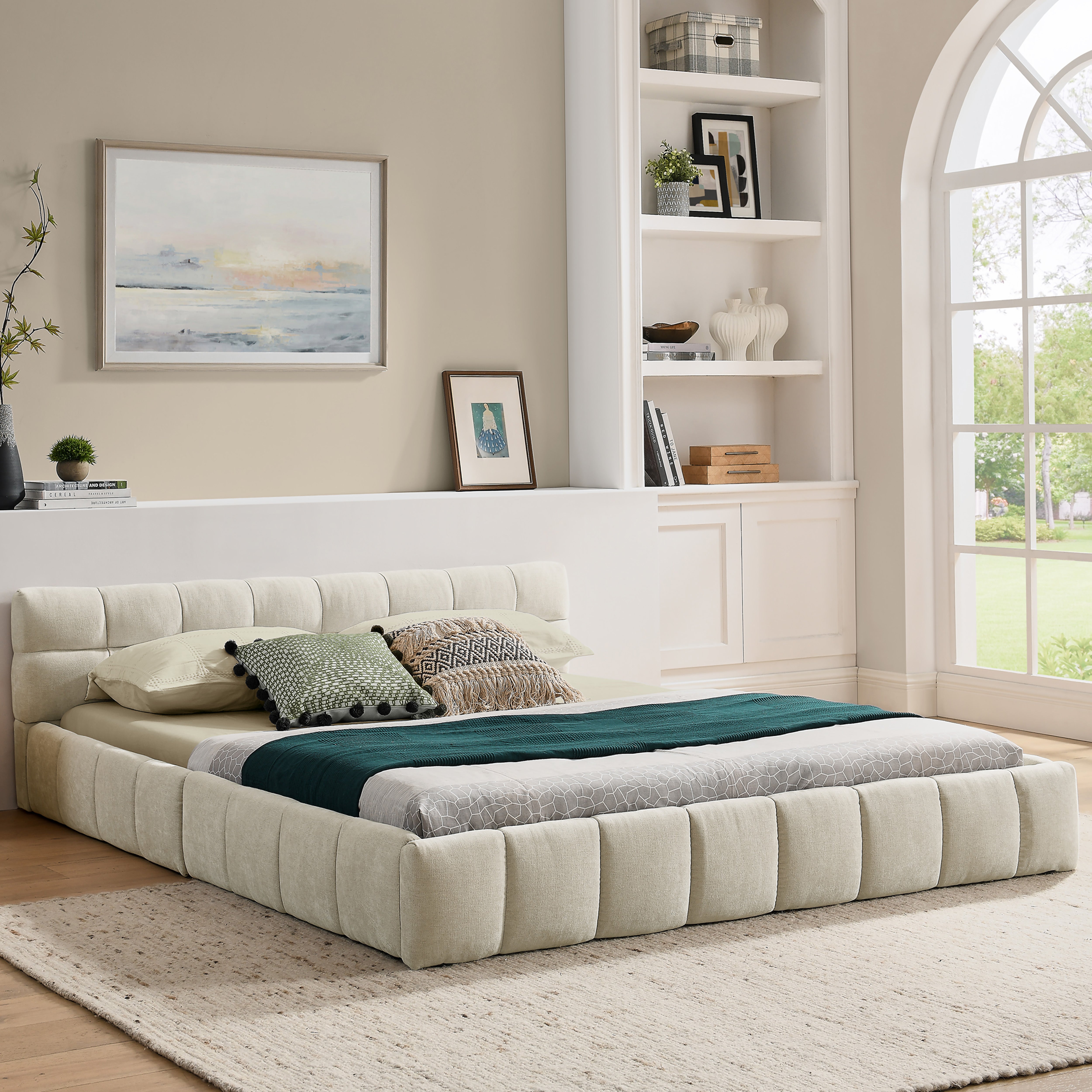 Double Bed 140x200cm, Chenille Cover Quilted Design Eucalyptus Wood Frame, Beige