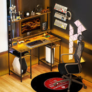 Computer Desk with Power Outlets, LED Lights, Hutch, Storage Shelves, Rustic Brown