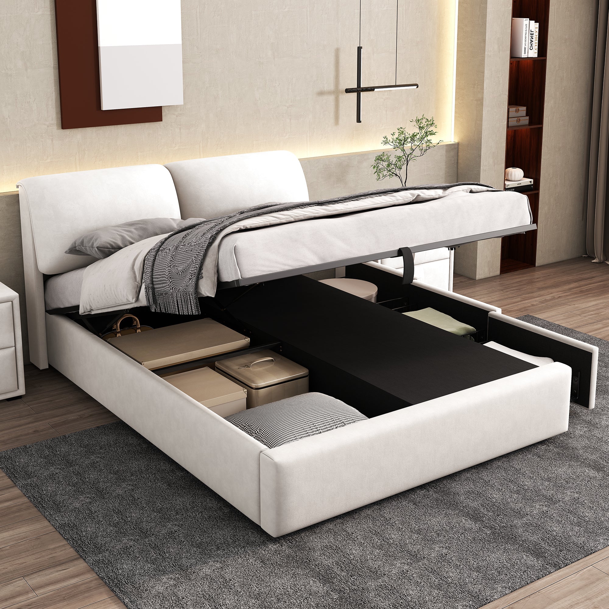 Upholstered Bed with Hydraulic Storage and 3 Drawers, 140x200cm, Beige Velvet