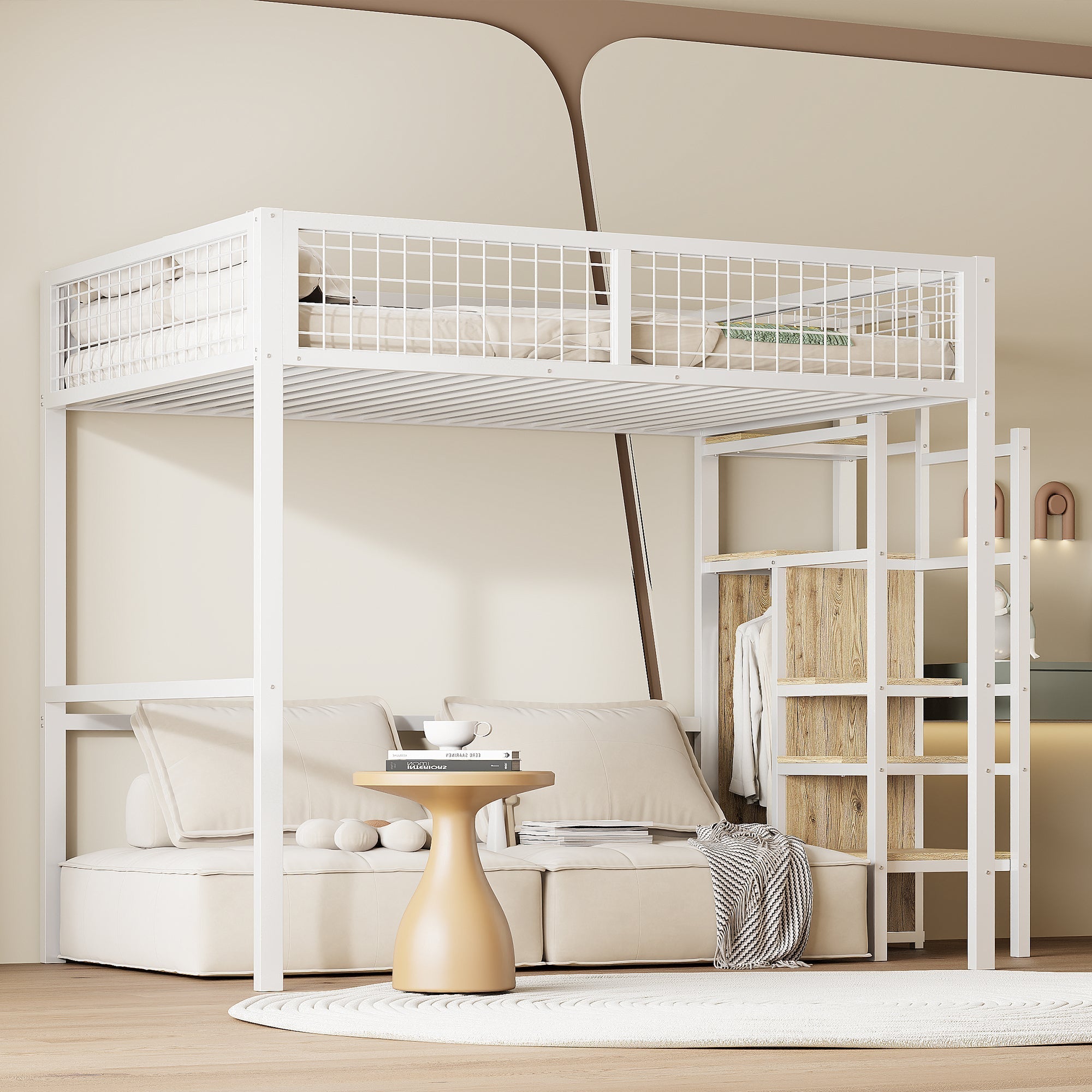 Loft Bed with Integrated Wardrobe and Safety Ladder, Black and White MDF and Metal