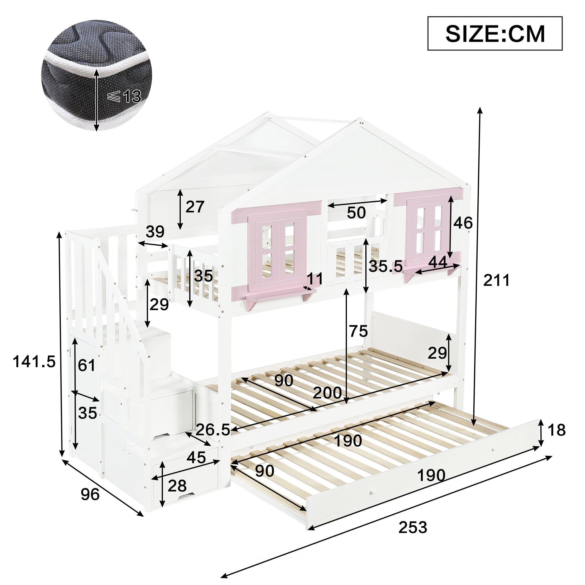 Bunk Bed 90x200cm Trundle Clothes Hanging House Design - White/Pink