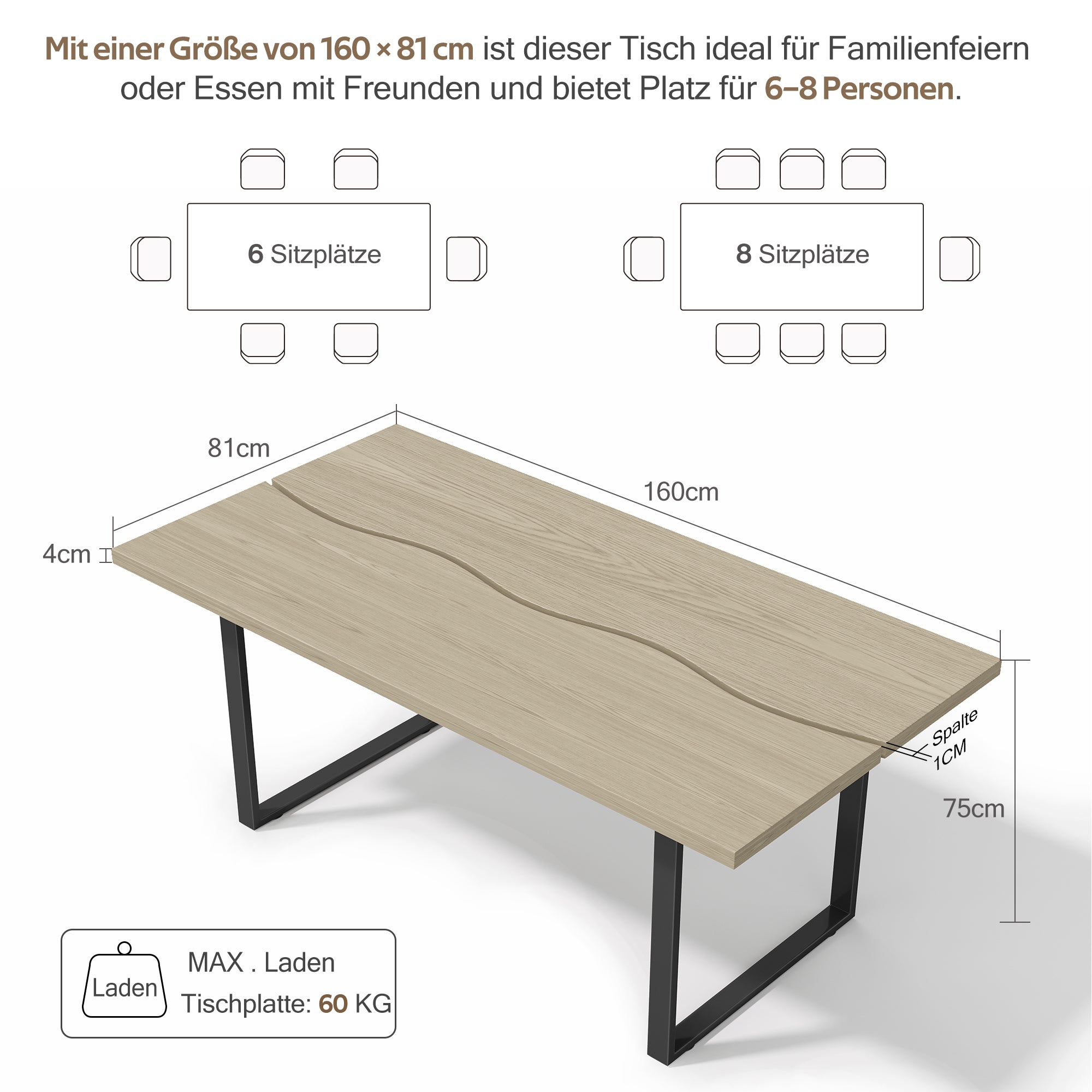 Dining Table Industrial Style 160x80cm 6-8 People Light-Colored Finish