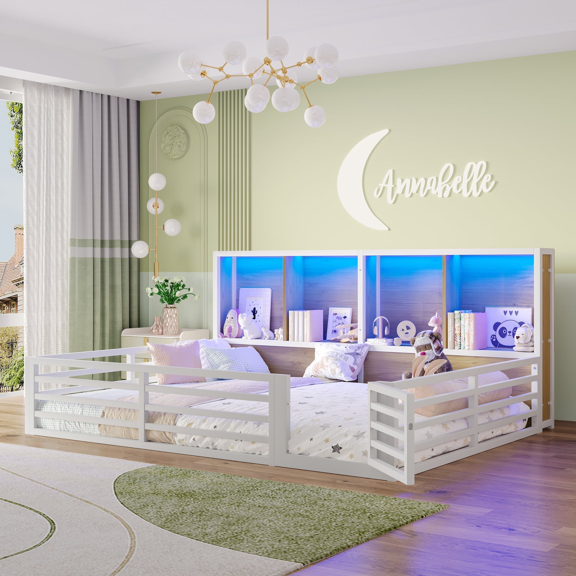 Fence Daybed with Storage Compartment and Railing, 140 x 200cm, White Metal and MDF