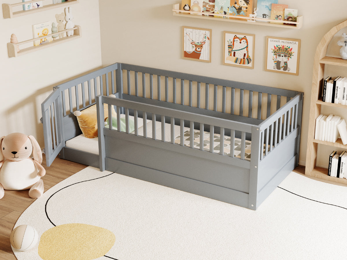 Children's Bed 90x200cm with Railing and Door, Wood, Grey
