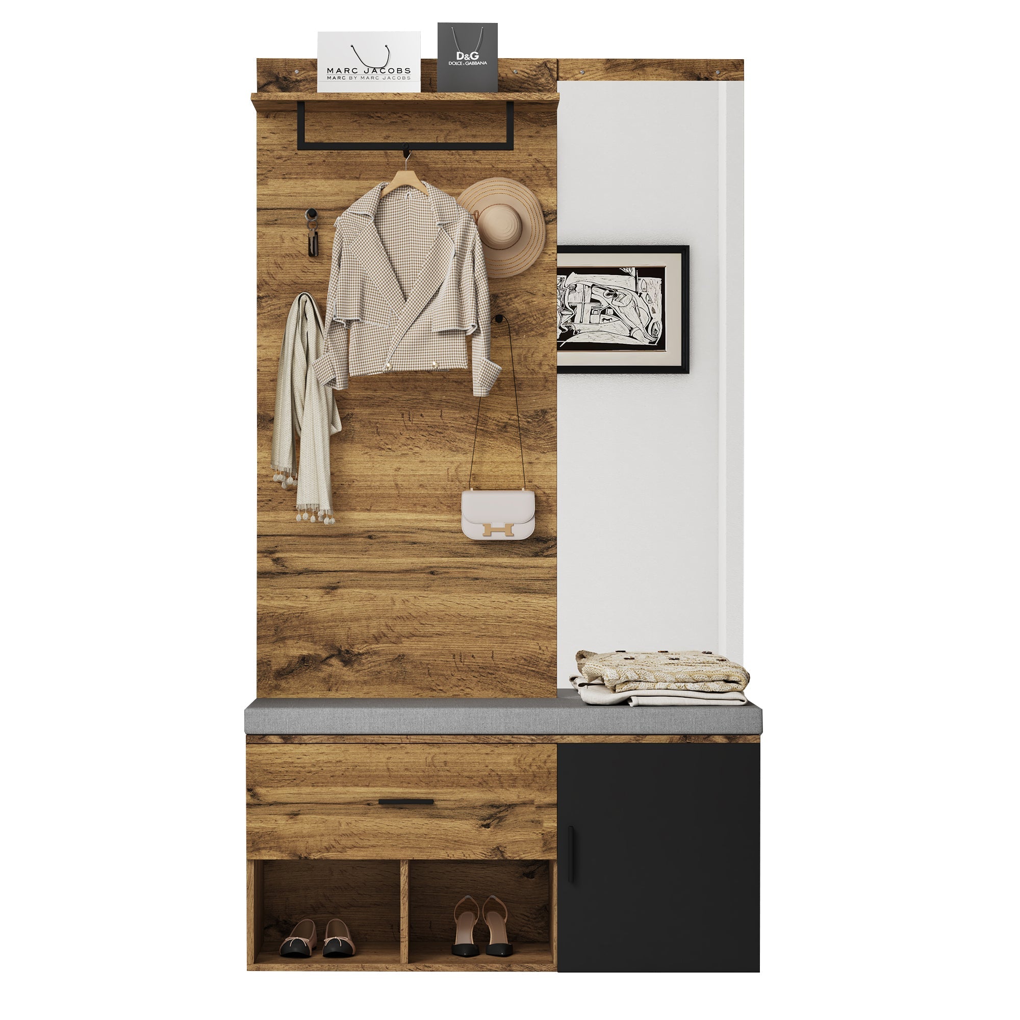 Wardrobe Set with Mirror, Shoe Bench, & Storage - 190 cm High, Wood Look