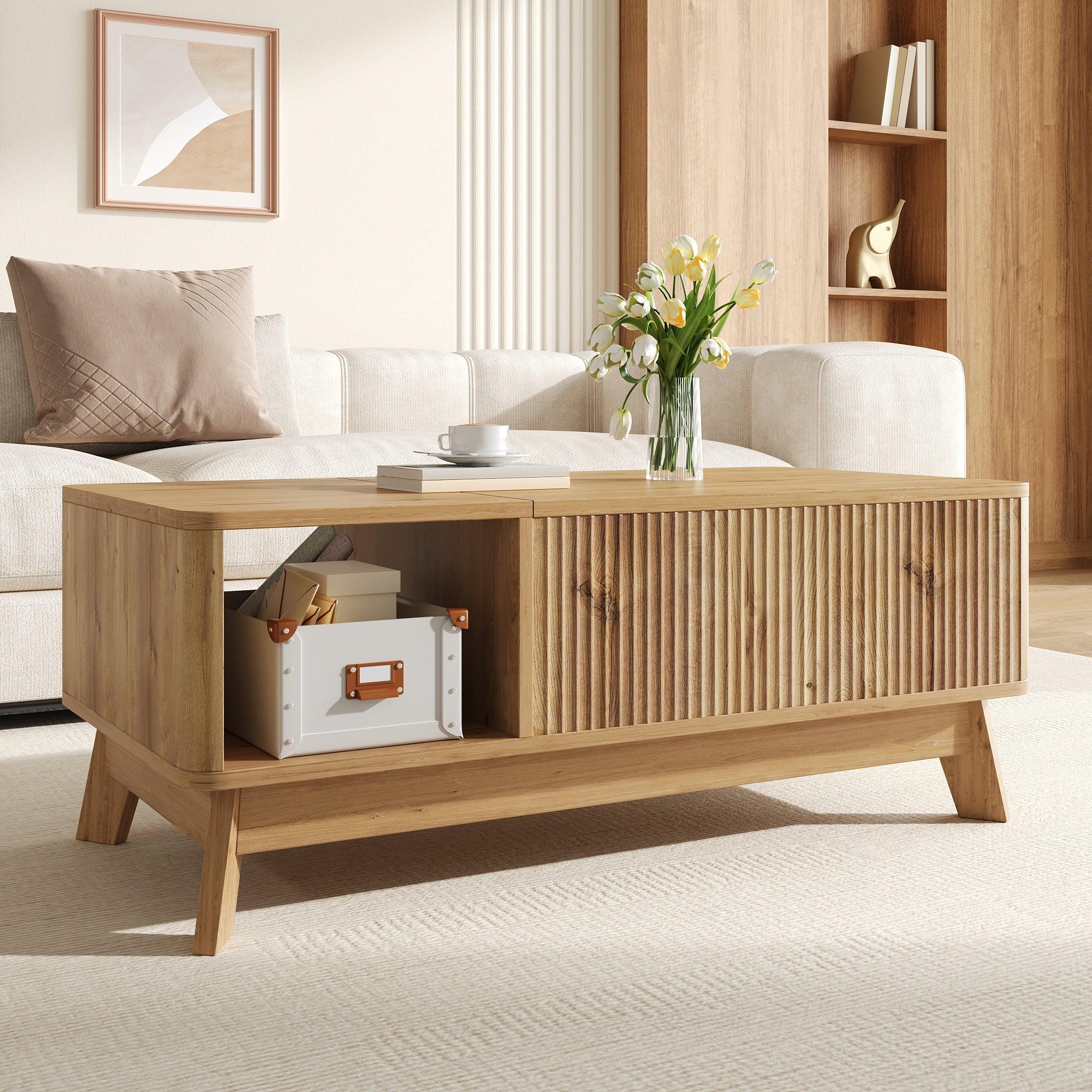Coffee Table with Lifting Mechanism, Wave Design and Open Side Compartment, MDF Material