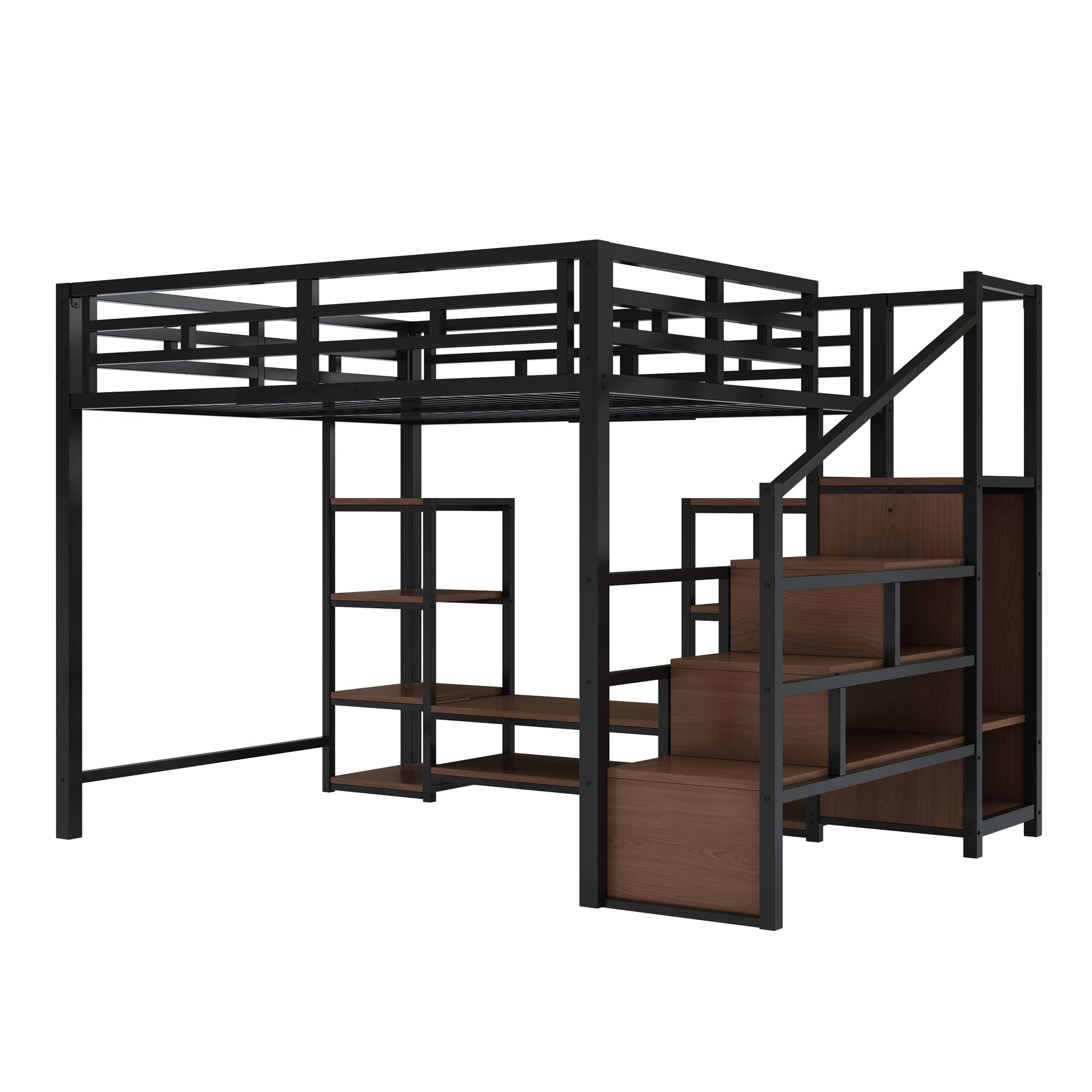 Loft Bed 140x200 TV Stand Power Outlet Safety Ladder, Metal/Wood Black
