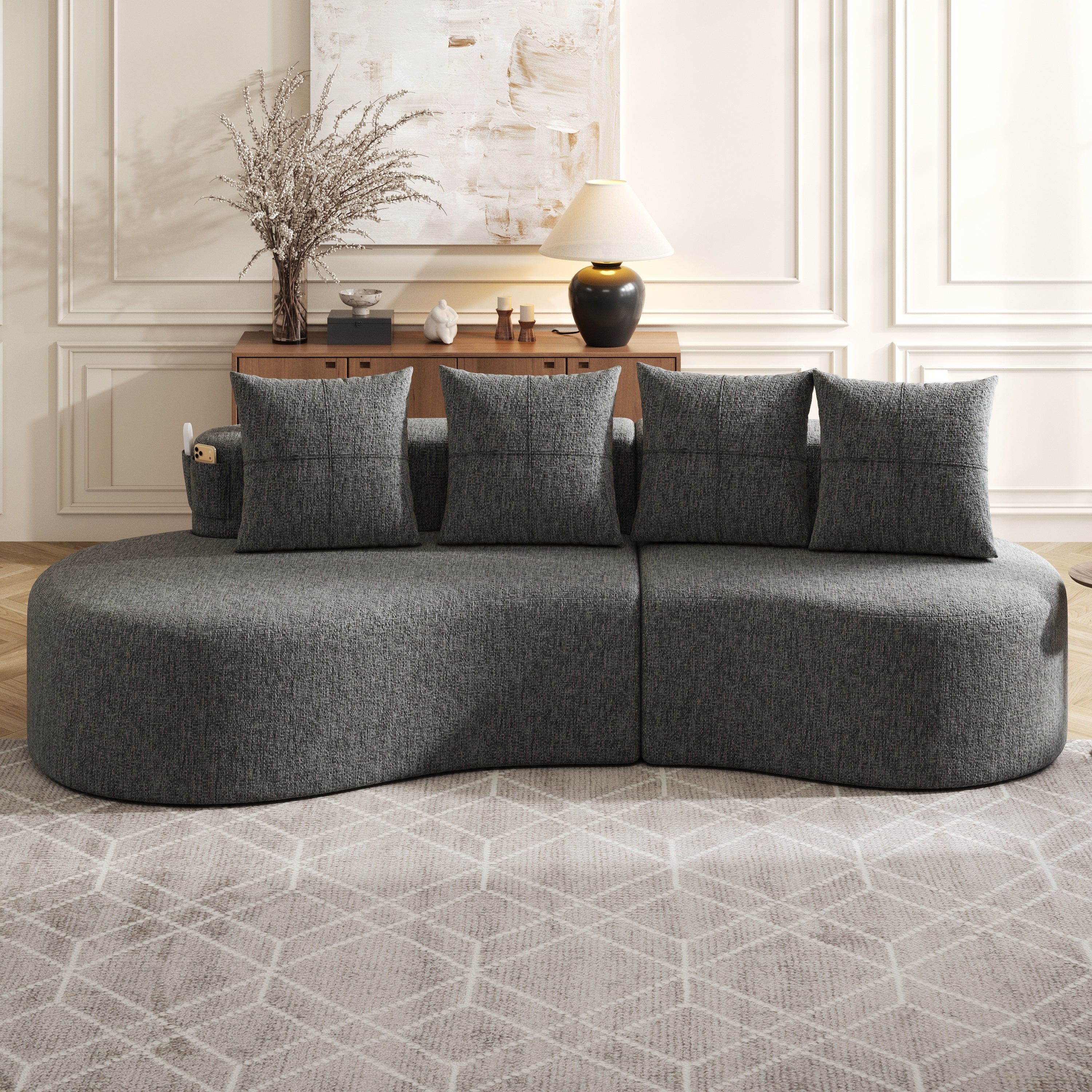 Linen Sofa with 4 Cushions, Cup Holder and Side Pocket, Dark Grey