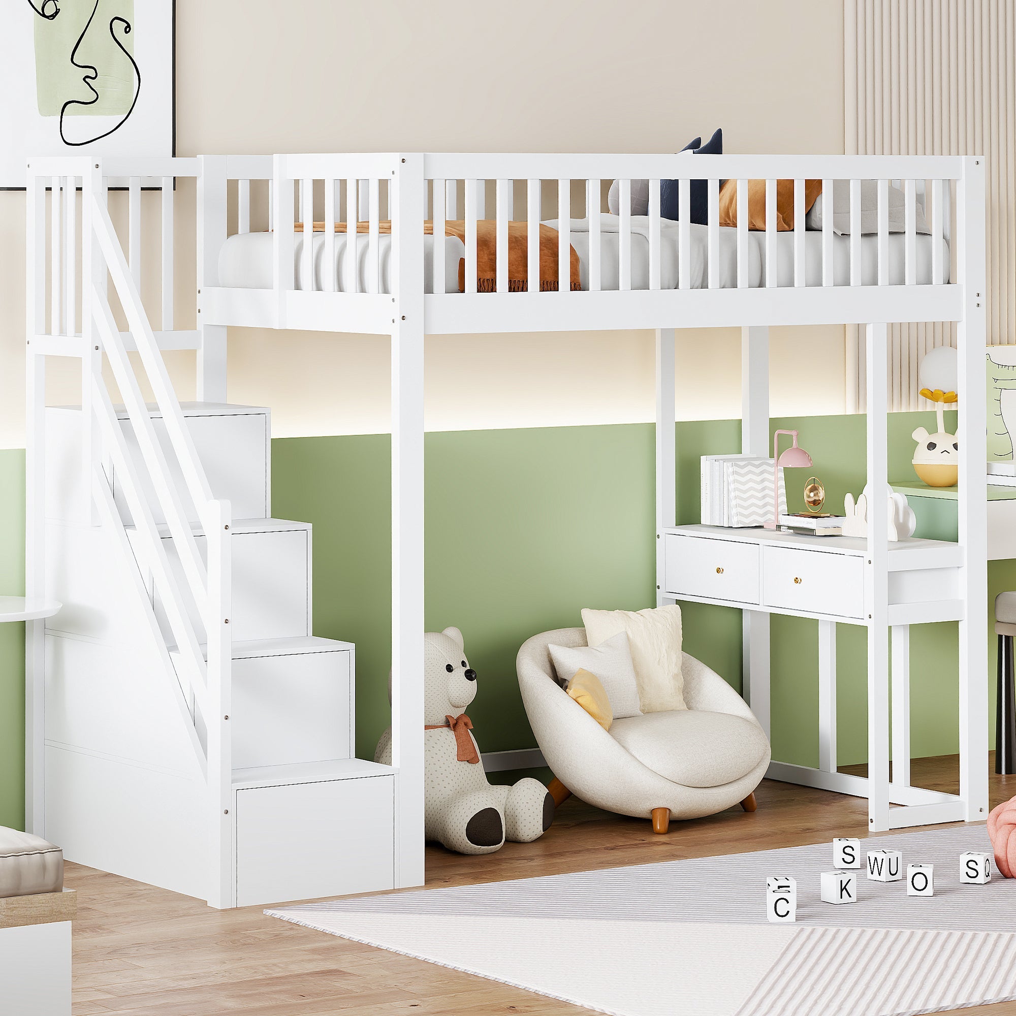 Loft Bed with Multifunctional Table and Storage Stairs, 90x200cm, White Pine Wood