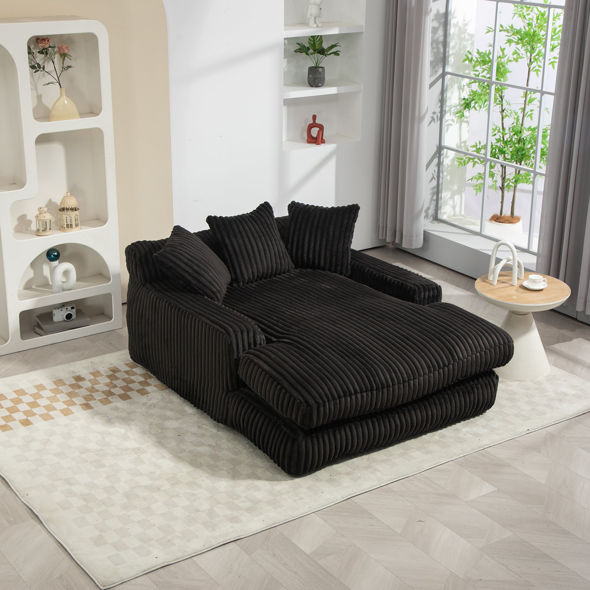 GOMYWAY Chaise Lounge Sofa Sleeper Chair with 3 Throw Pillows, Black Corduroy