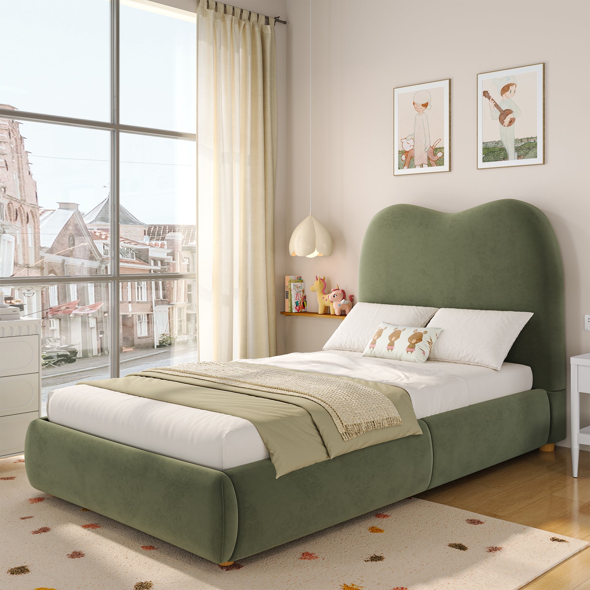 Upholstered Bed 90x200cm, Hydraulic Storage, Headboard & Slatted Frame, Velvet Green