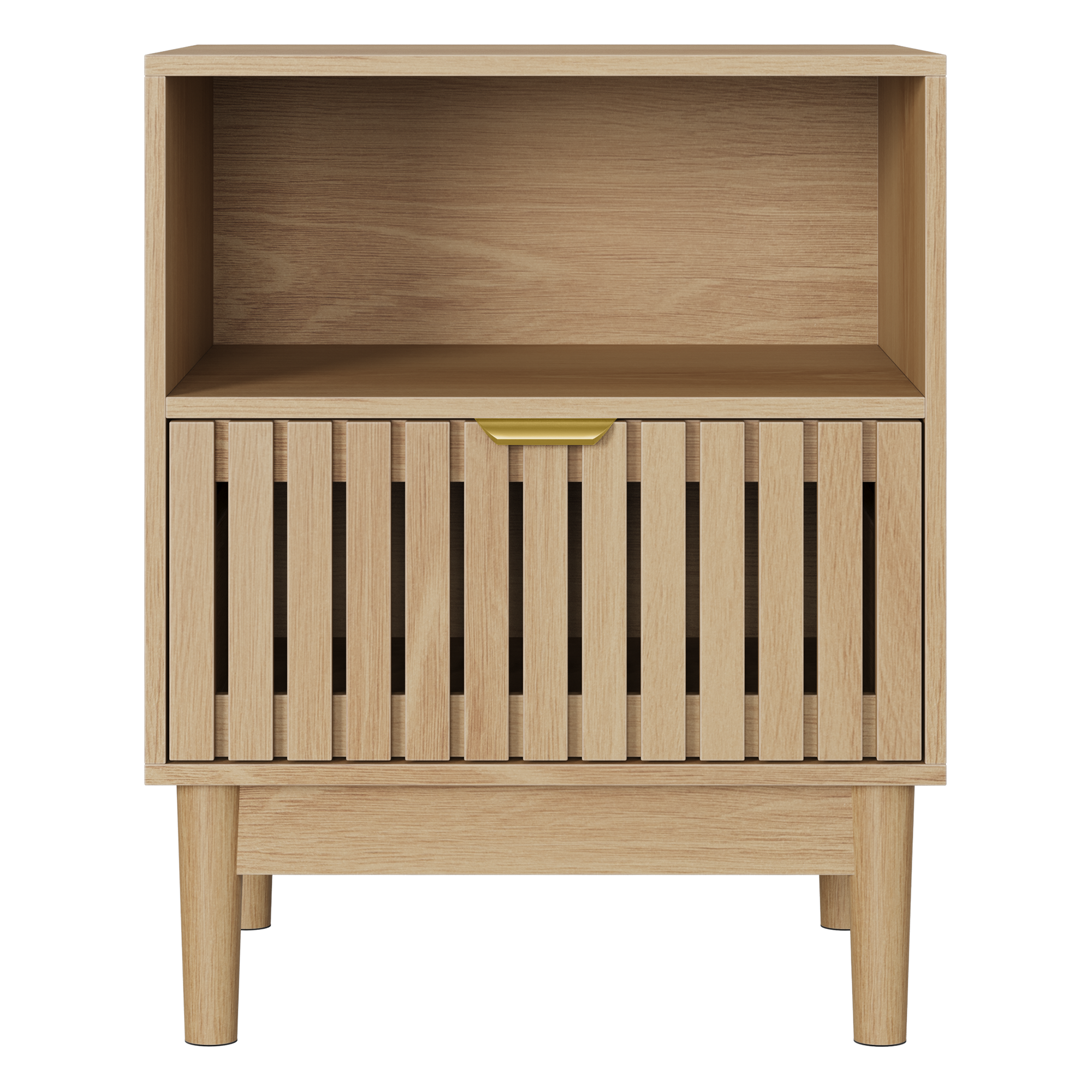 Modern Bedside Table with 1 Drawer and Slatted Design, 45x39x56.5cm, Oak