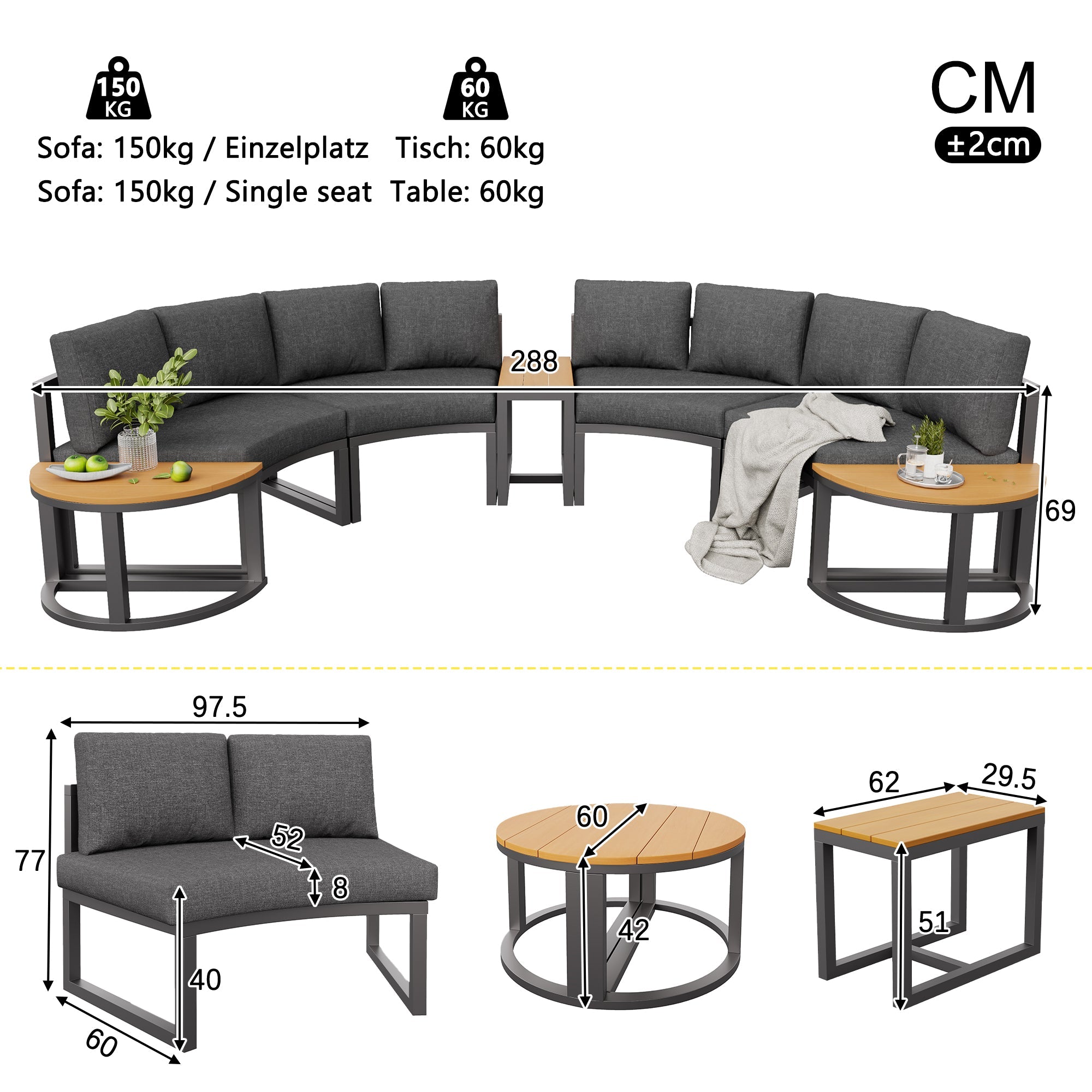 Garden Lounge Set 8-12 Person Round Sofa Adjustable Legs - Grey