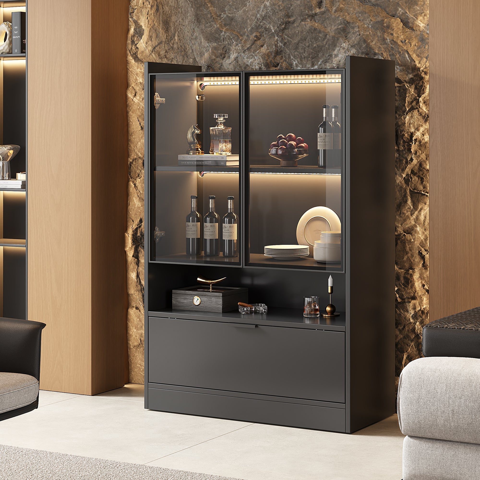 Modern LED Display Cabinet 120cm High 16-Color Lighting Glass Doors, Matte Black Chipboard
