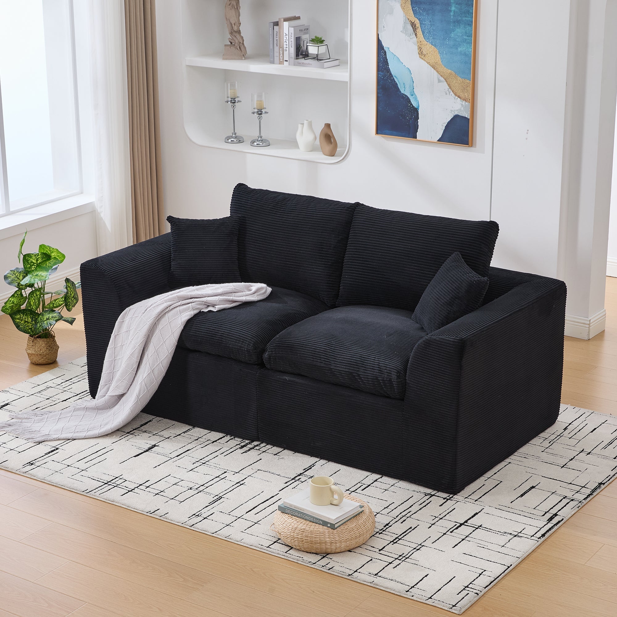 Modern Two-Seater Sofa, Nordic-Style Comfortable with Cushions, Fabric