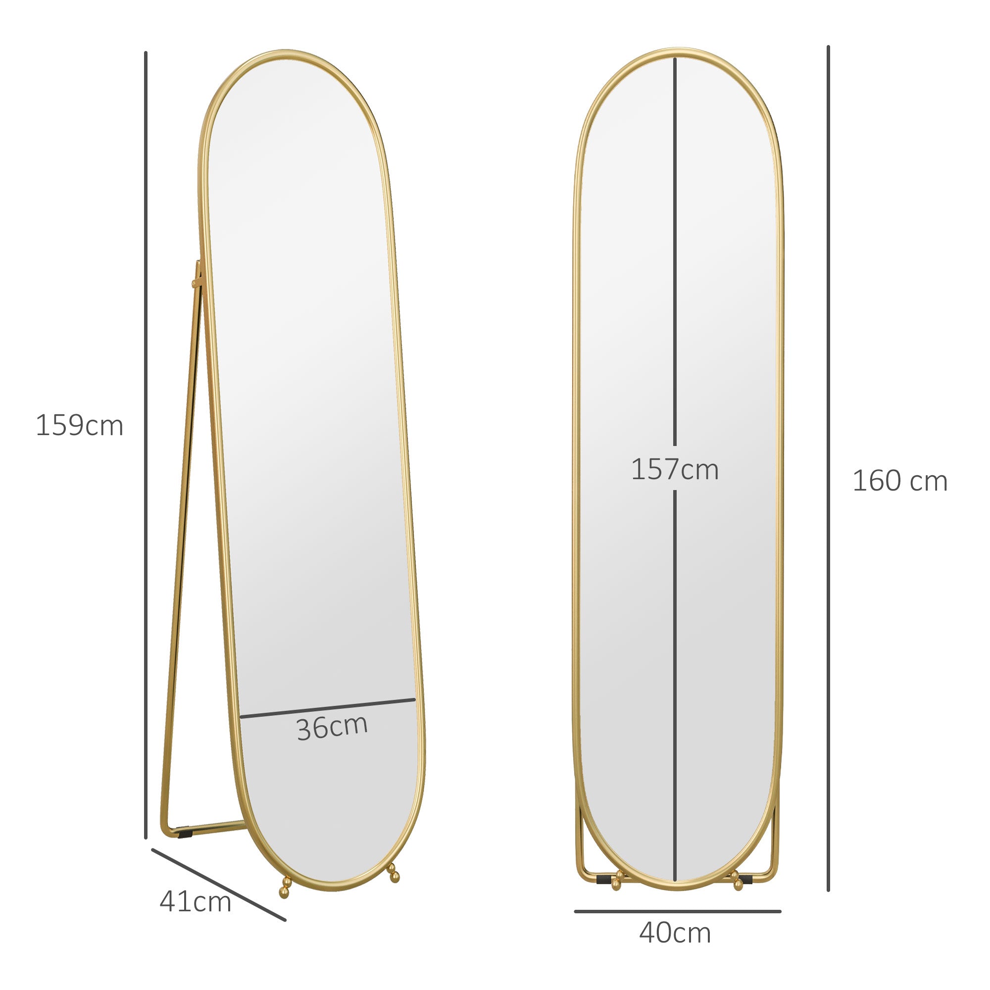 Full-Length Mirror, Oval Standing Wall with Stand, Metal Gold
