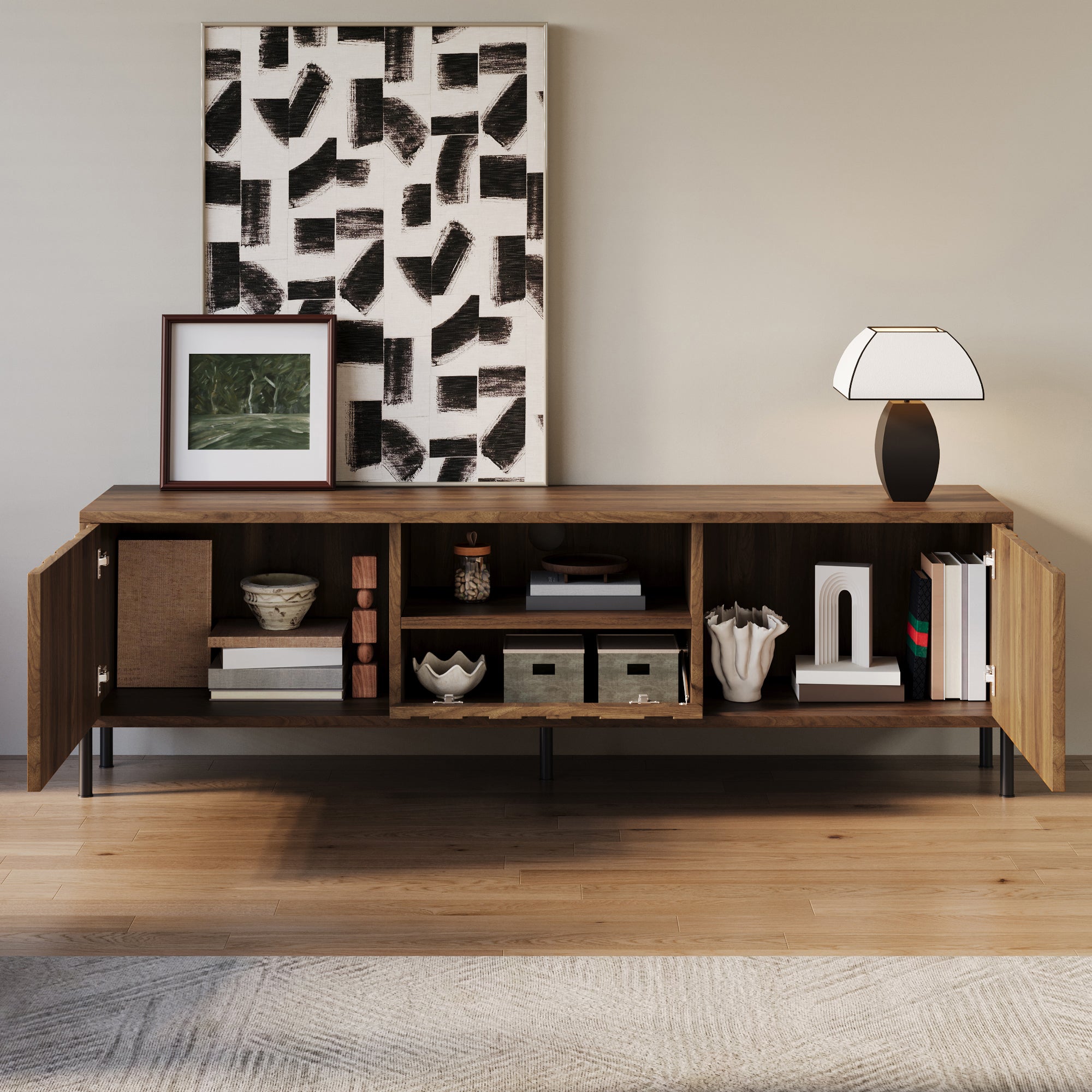 TV Cabinet with Three Doors, Low Cabinet 160x35x46cm, MDF Natural