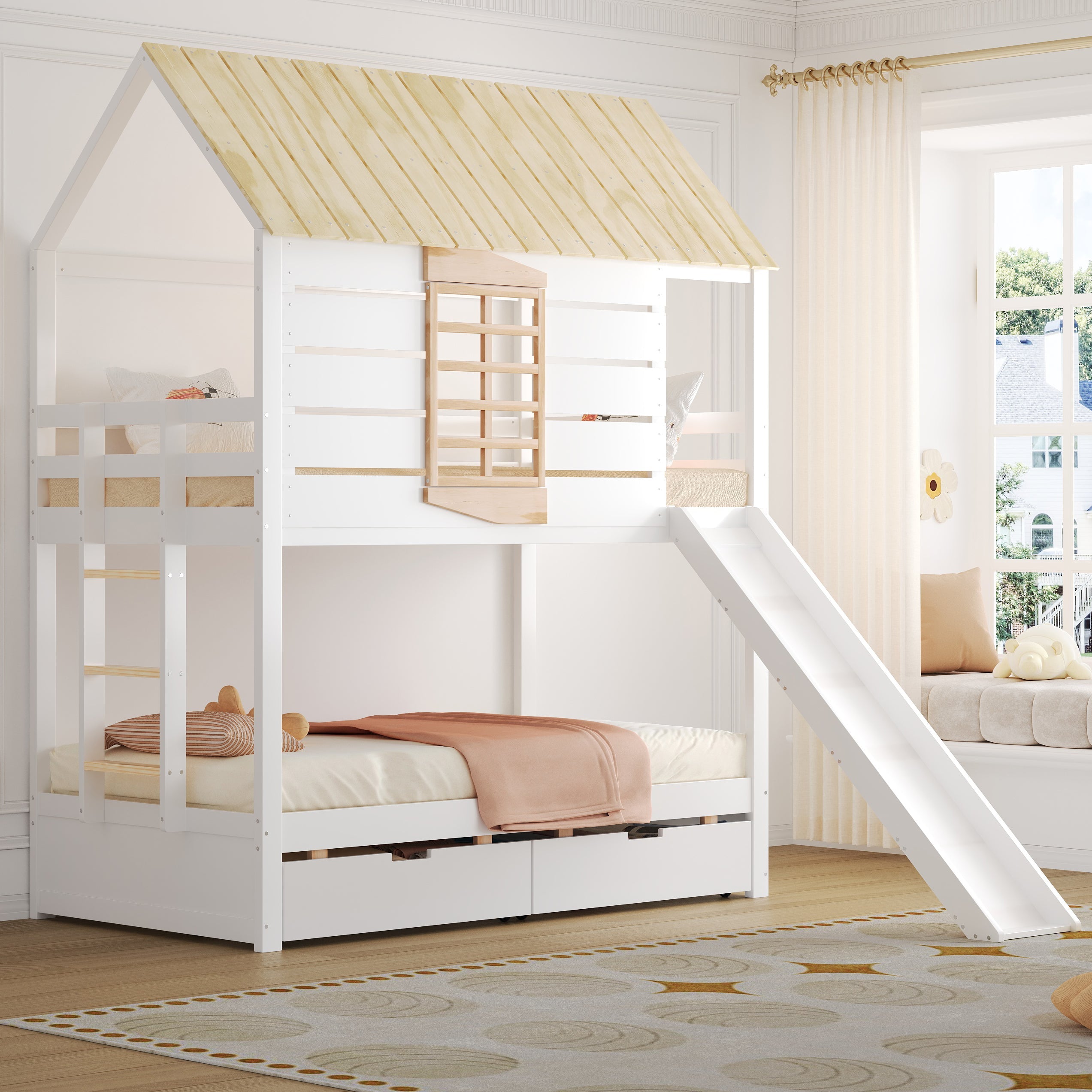 House Bunk Bed with Slide and 2 Storage Drawers, 90x200cm, White and Natural