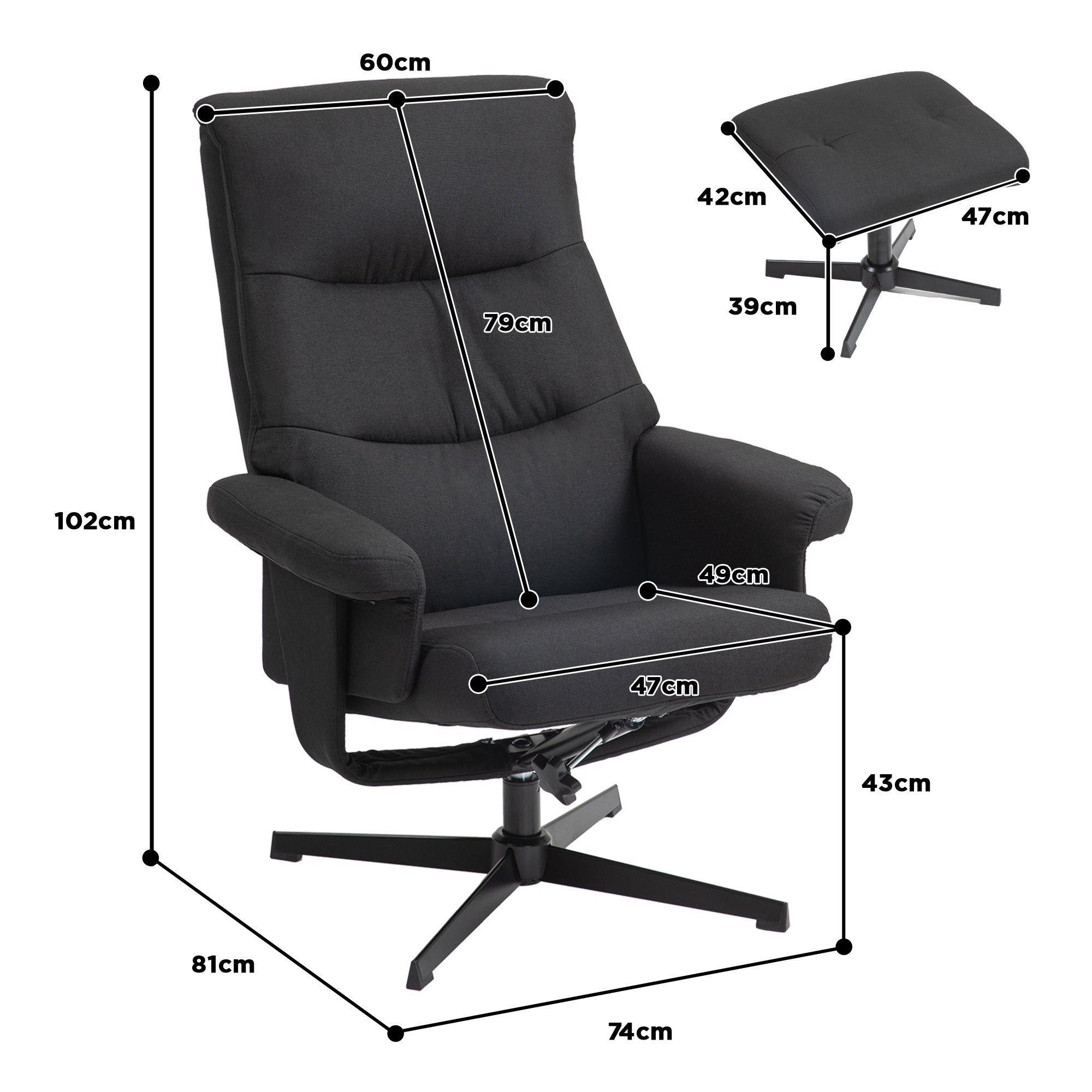Reclining Armchair with Footstool, Swivel & Rocking Function, Velvet Look, Black