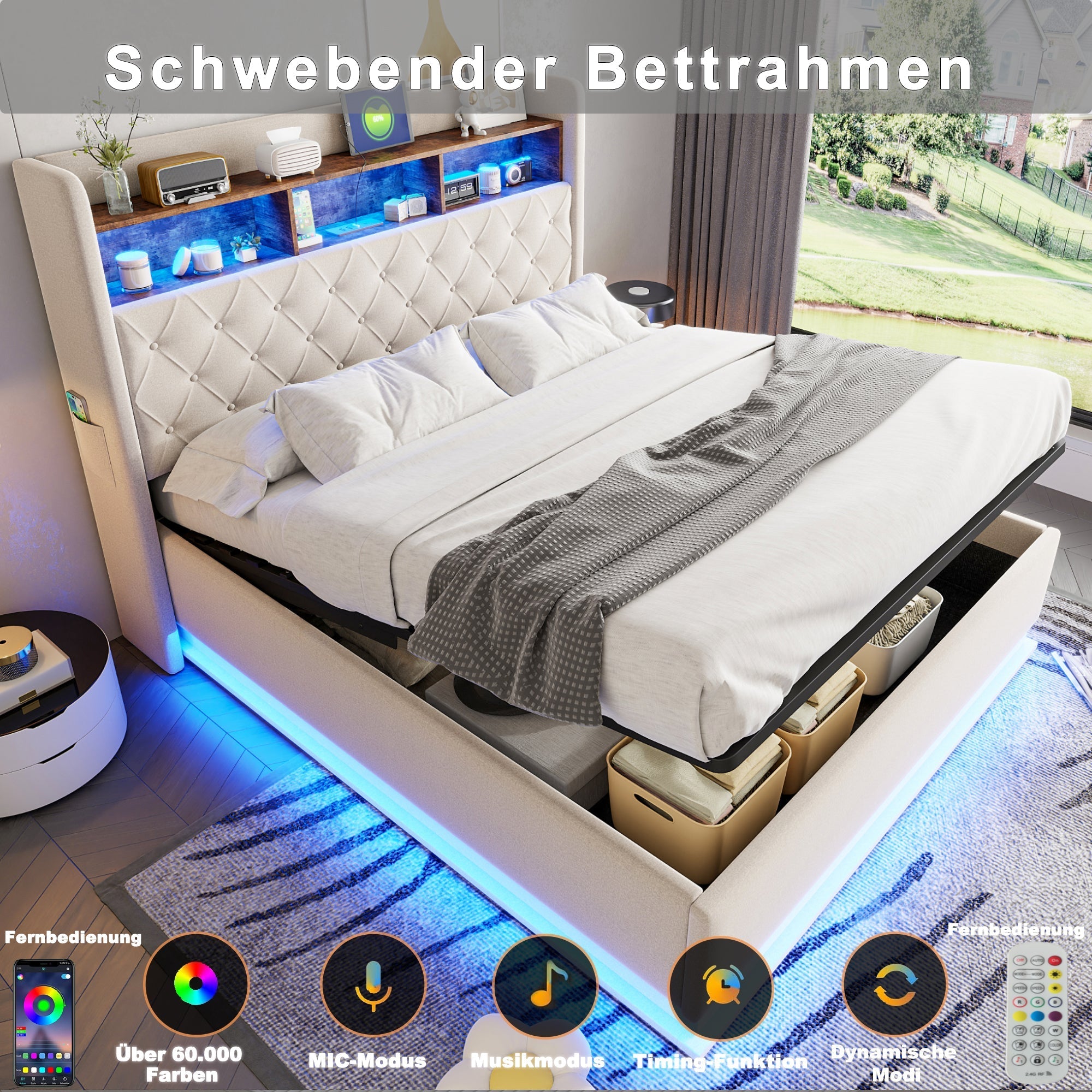 LED Upholstered Bed with USB & Hydraulic Storage, Linen Beige
