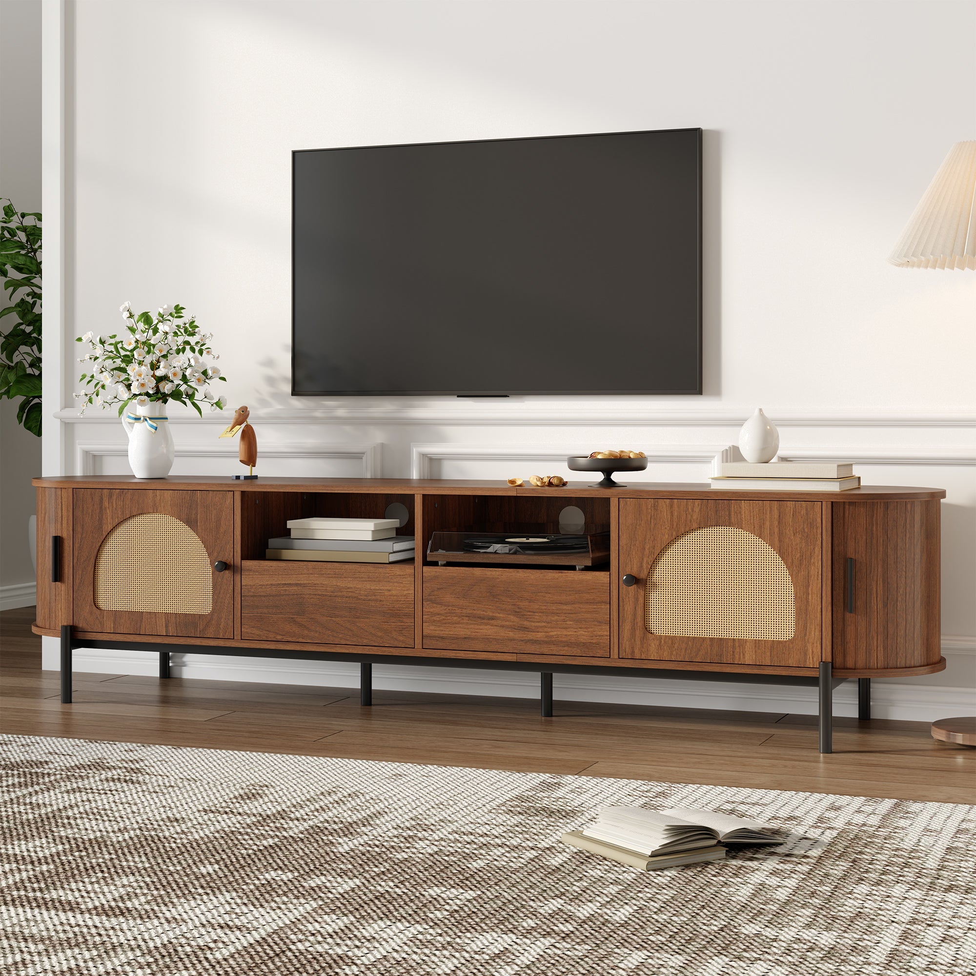 Oval TV Cabinet with Rattan Sliding Doors and Drawers, Wood Look and Metal Legs