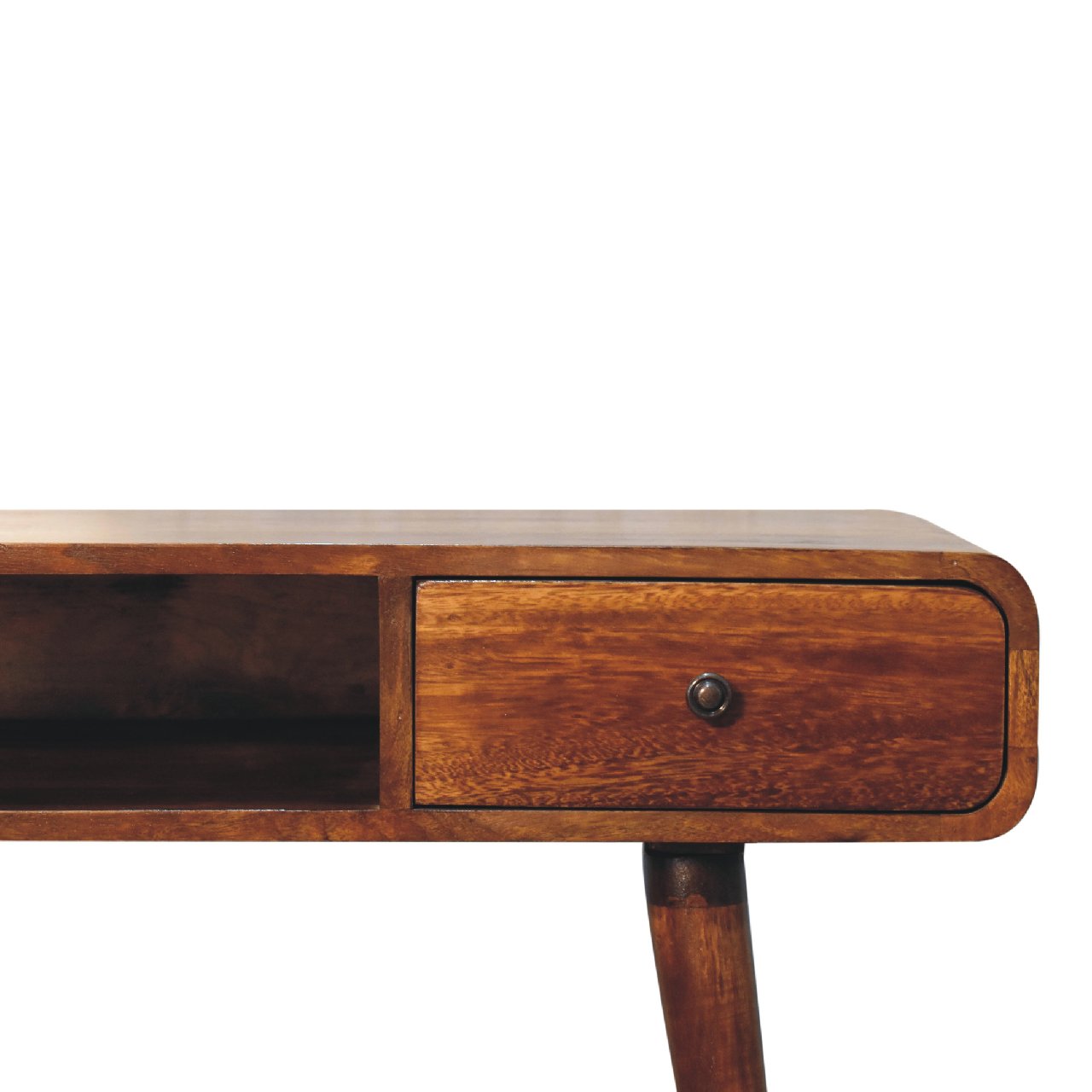 Solid Wood Writing Desk, Curved 1 Drawer 1 Shelf, Chestnut Brown
