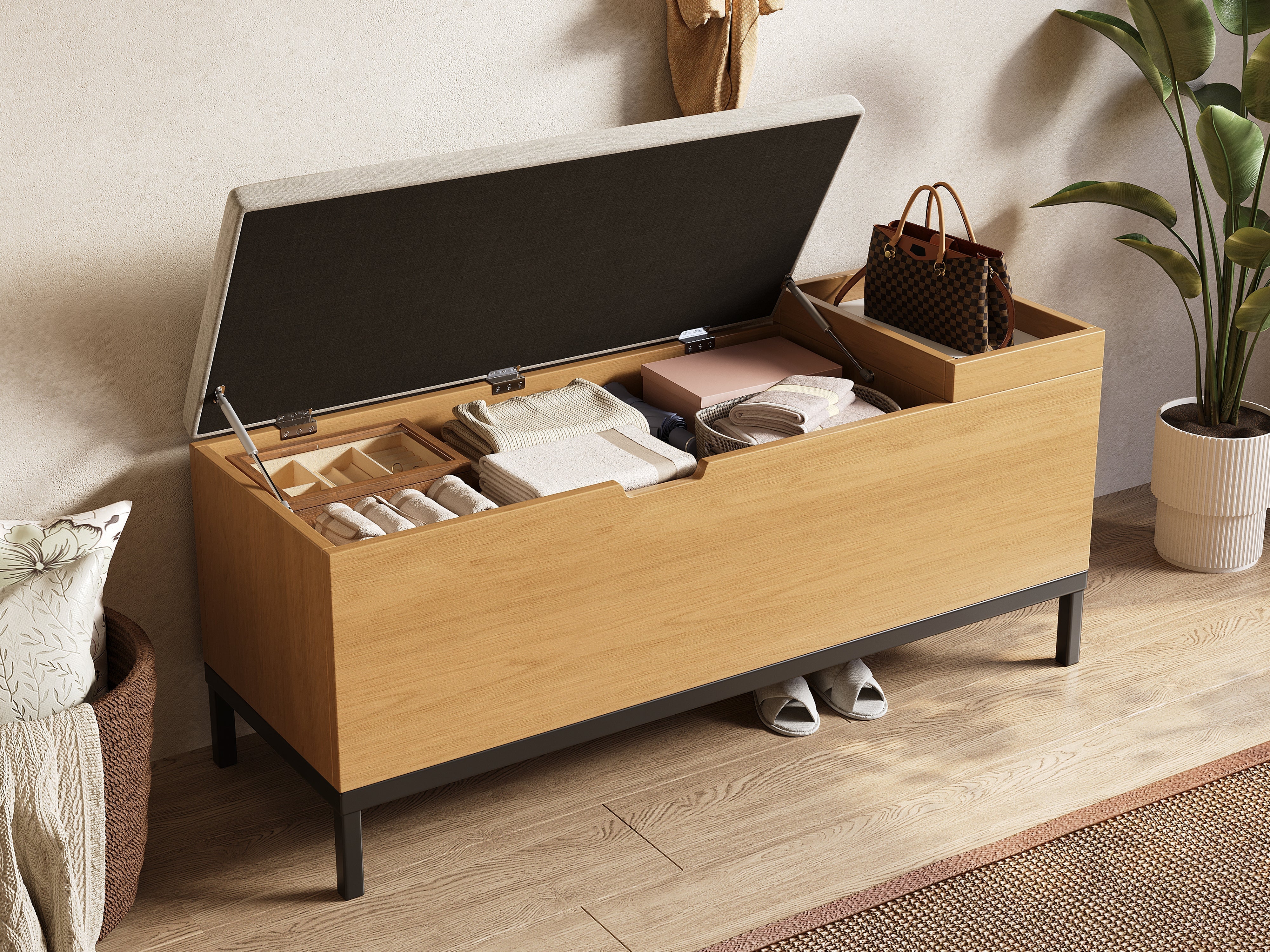 Shoe bench storage seating cabinet foldable footstool natural