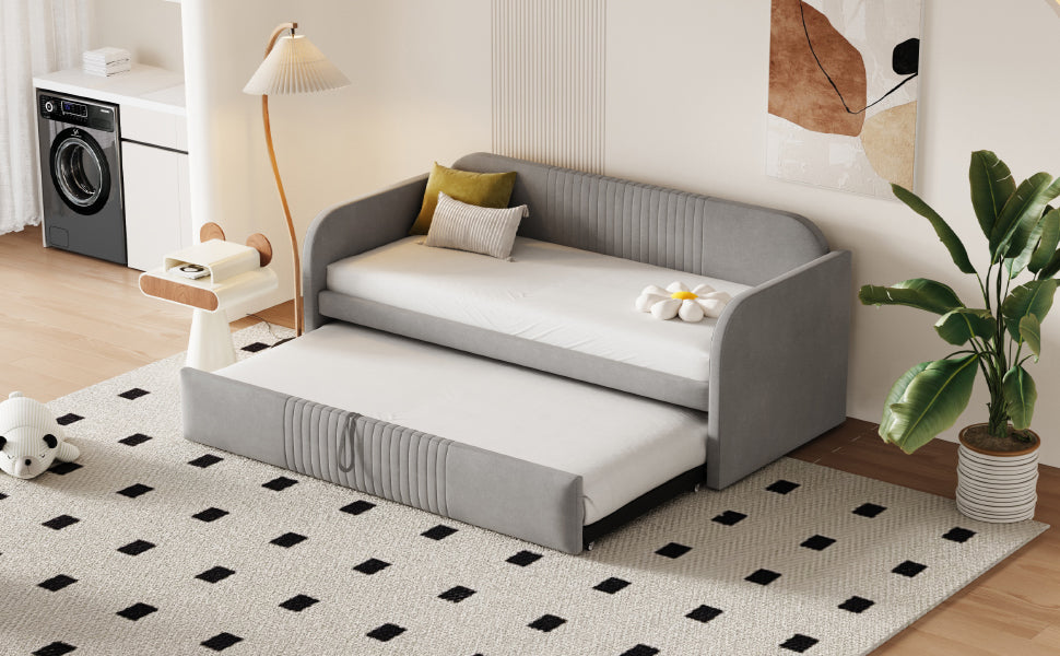 Upholstered Bed, Pull-Out Sofa Bed with Slatted Frame, Multifunctional, Light Grey Linen